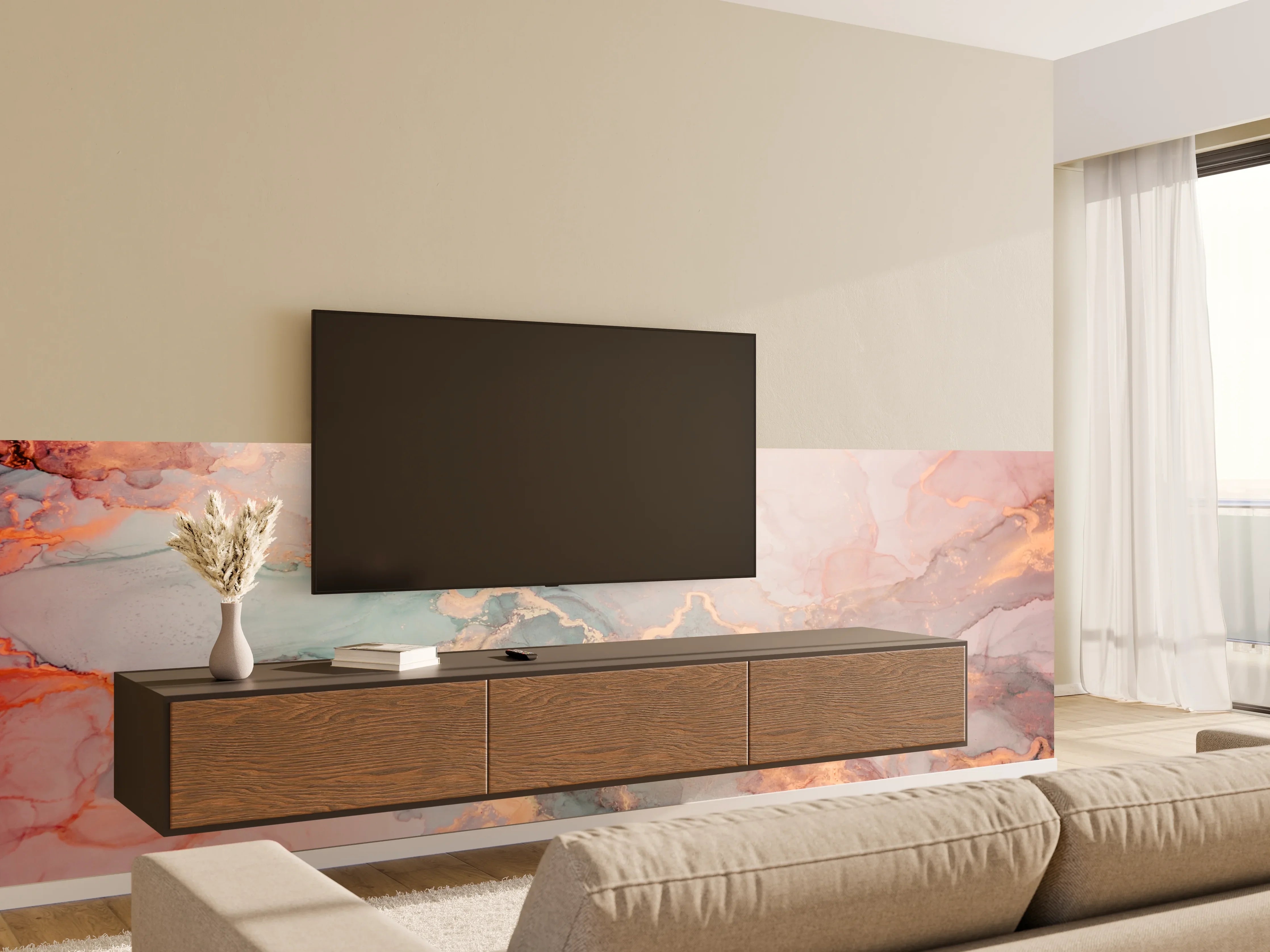 Wandverkleidung Wohnzimmer - Elegantes Marbledesign in Pastellfarben