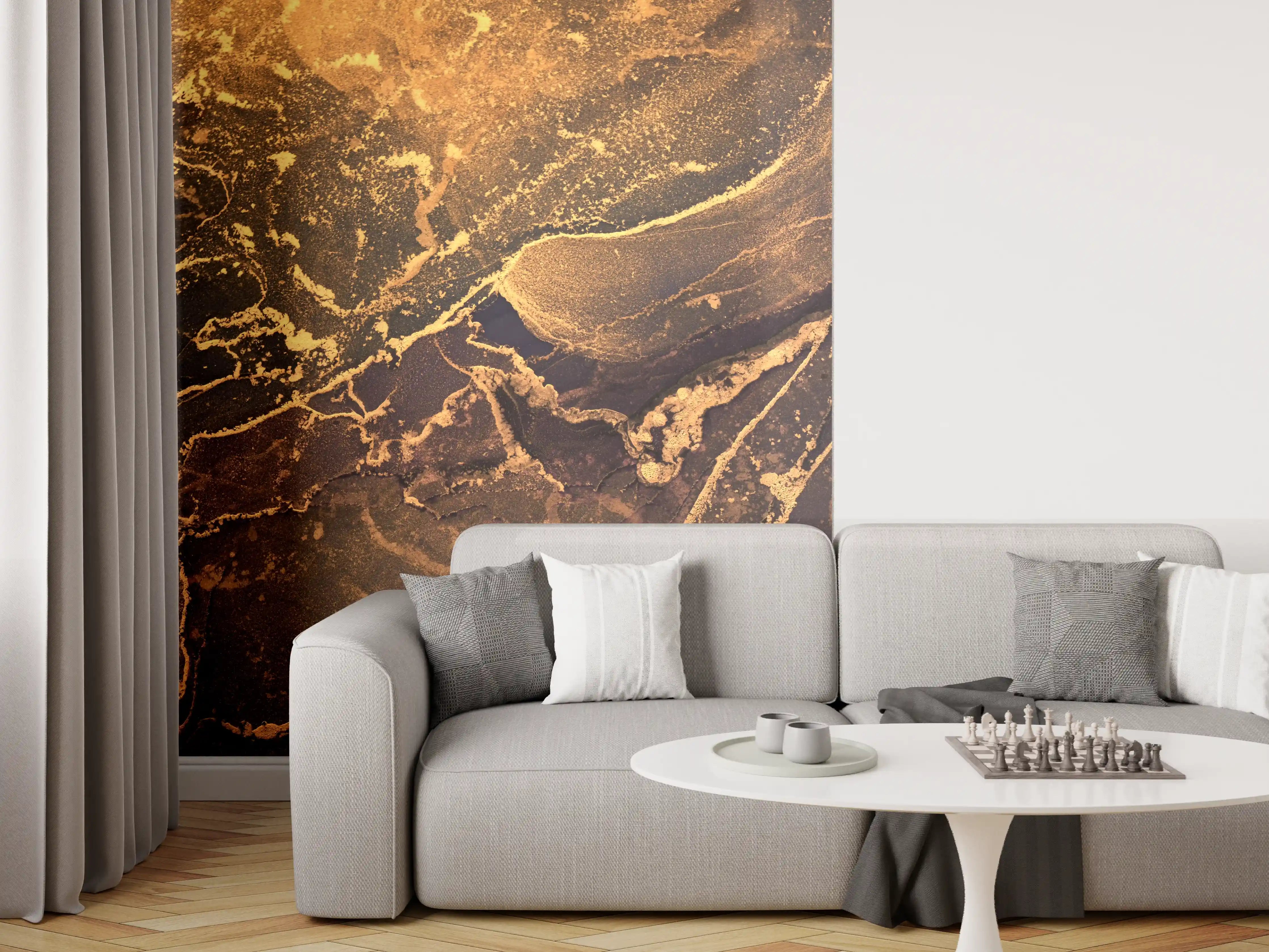 Wandverkleidung Wohnzimmer - Elegantes Marmor-Design in dunklen Tönen mit Goldakzenten