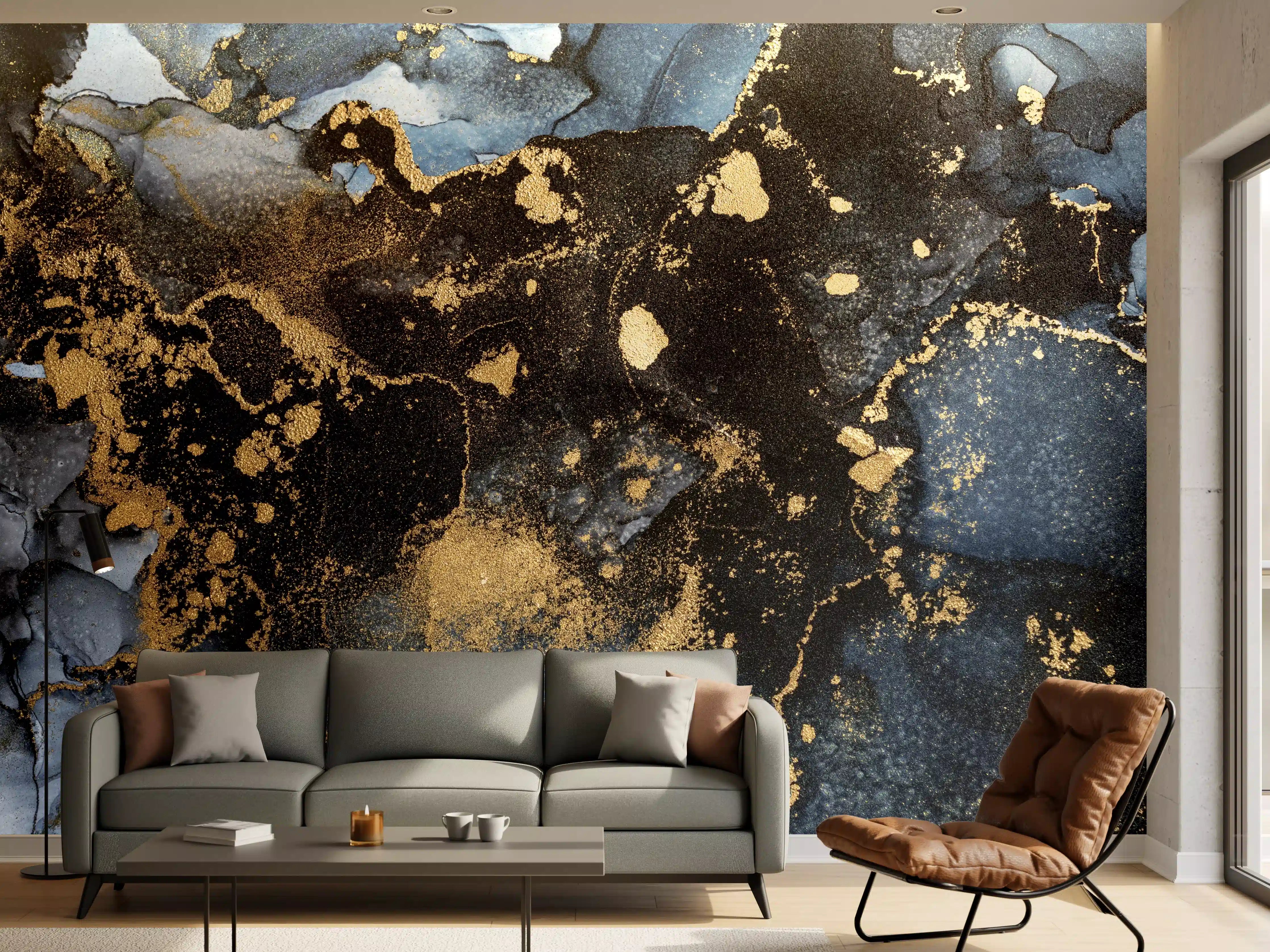 Wandverkleidung Wohnzimmer - Elegantes Marmor Design mit Goldakzenten
