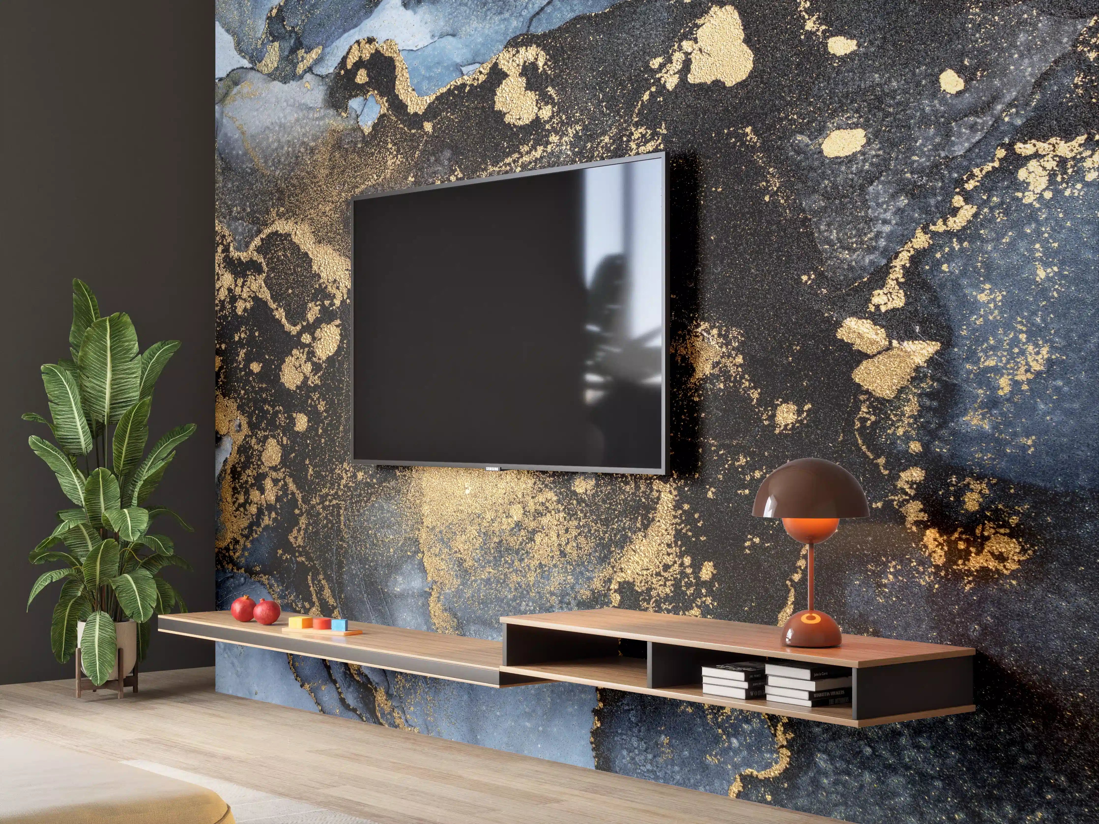 Wandverkleidung Wohnzimmer - Elegantes Marmor Design mit Goldakzenten