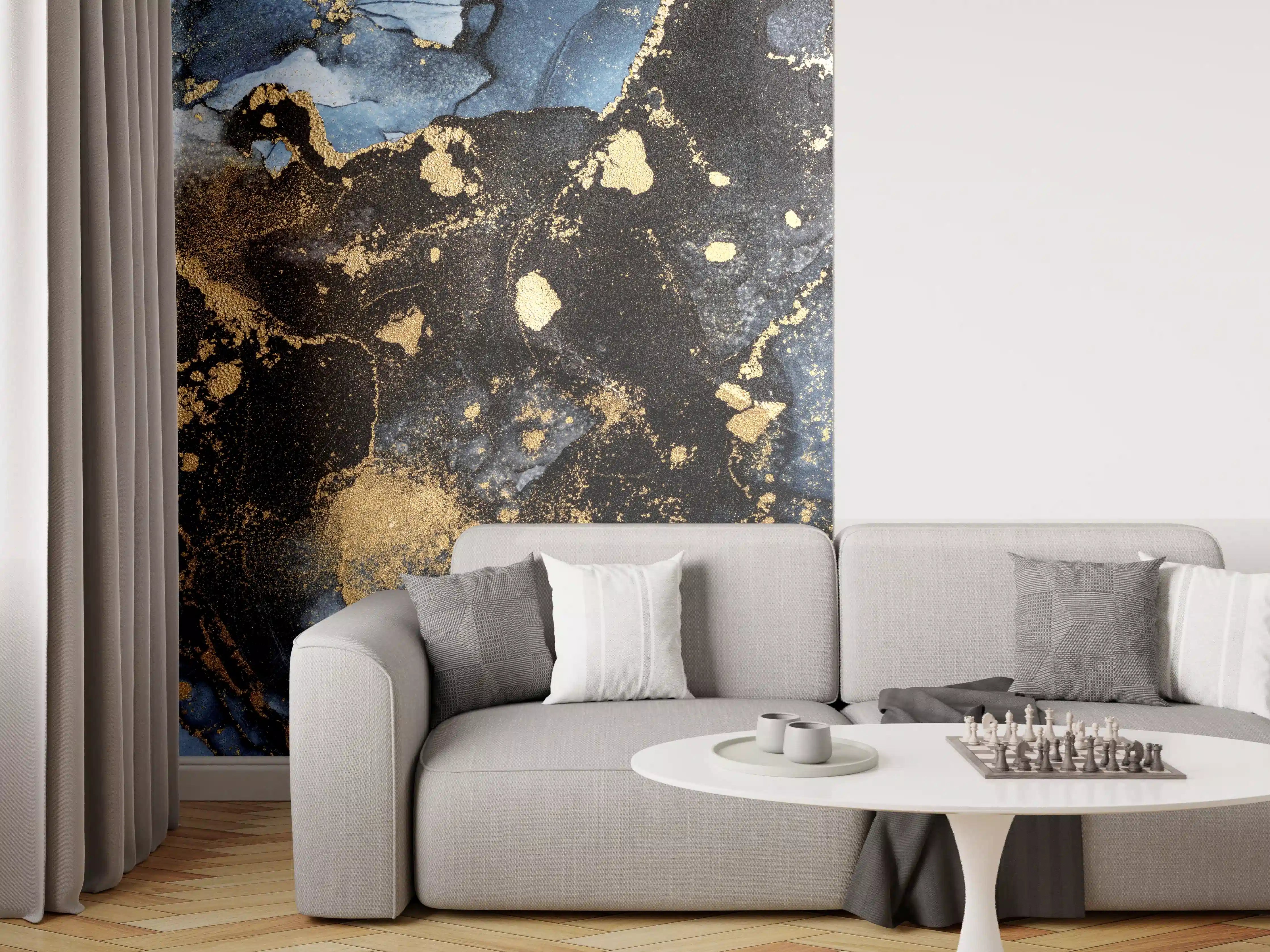 Wandverkleidung Wohnzimmer - Elegantes Marmor Design mit Goldakzenten