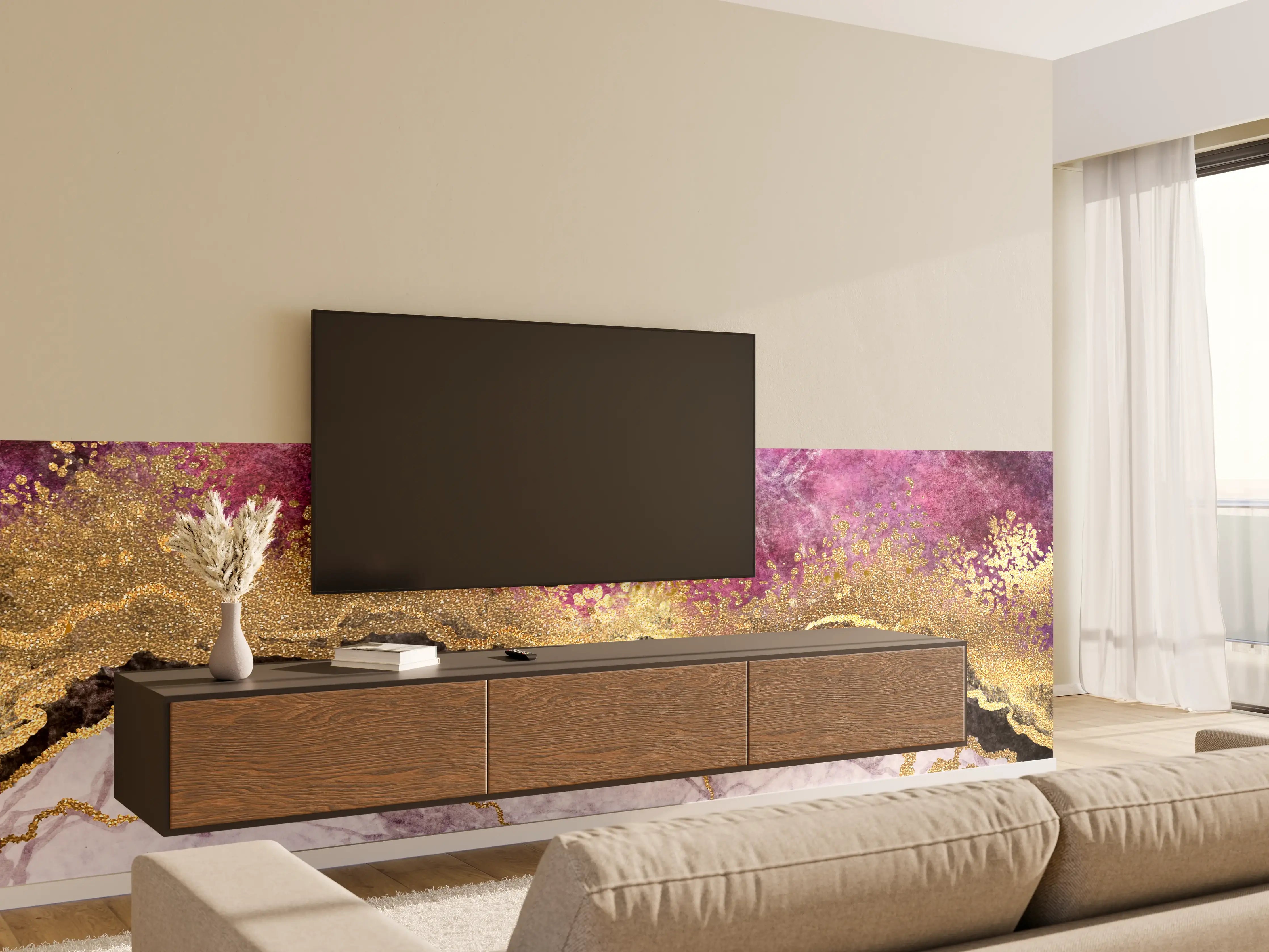 Wandverkleidung Wohnzimmer - Elegantes Marmormotiv mit goldenen Akzenten