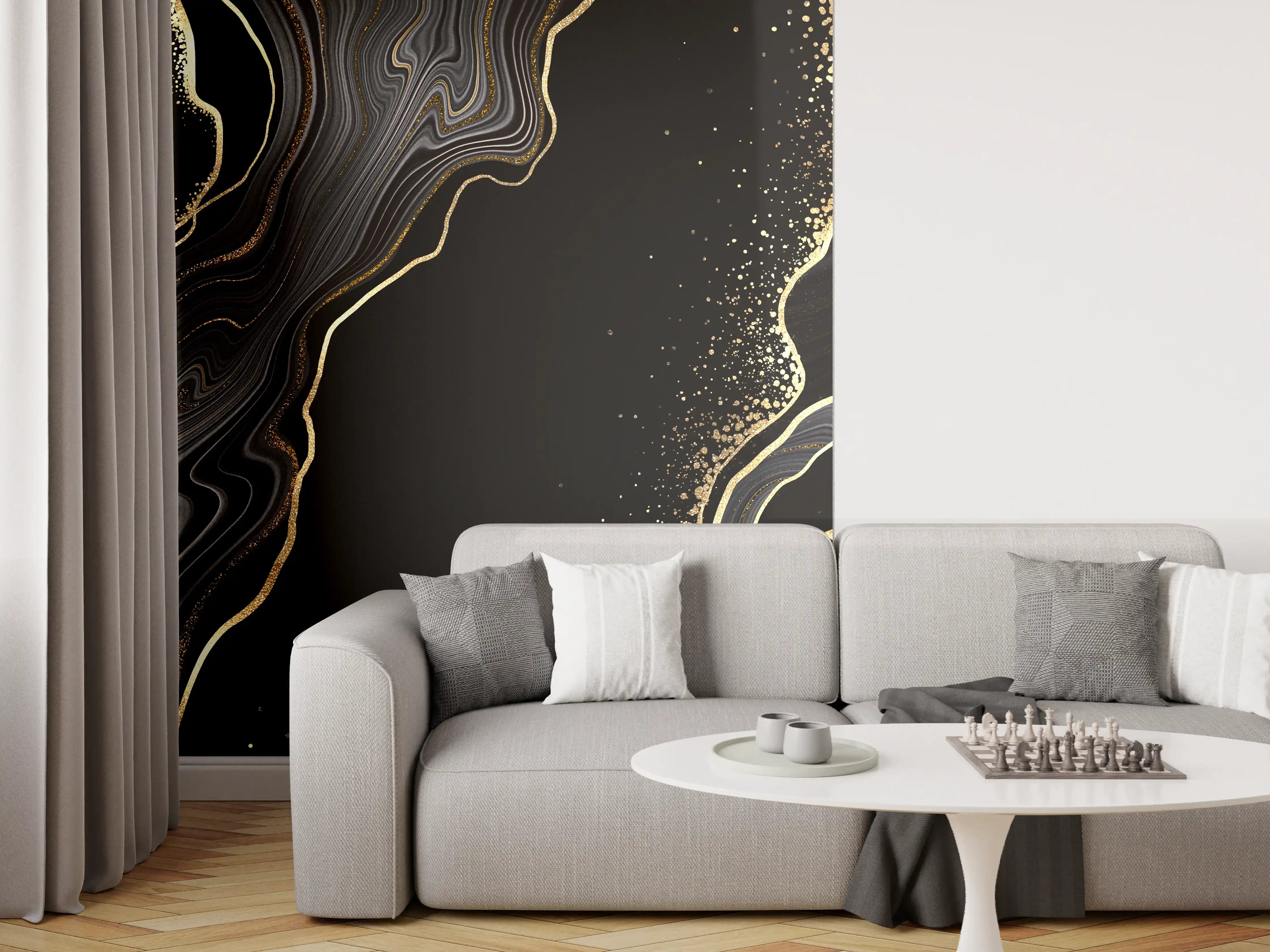 Wandverkleidung Wohnzimmer - Elegantes Marmormuster in Schwarz-Gold