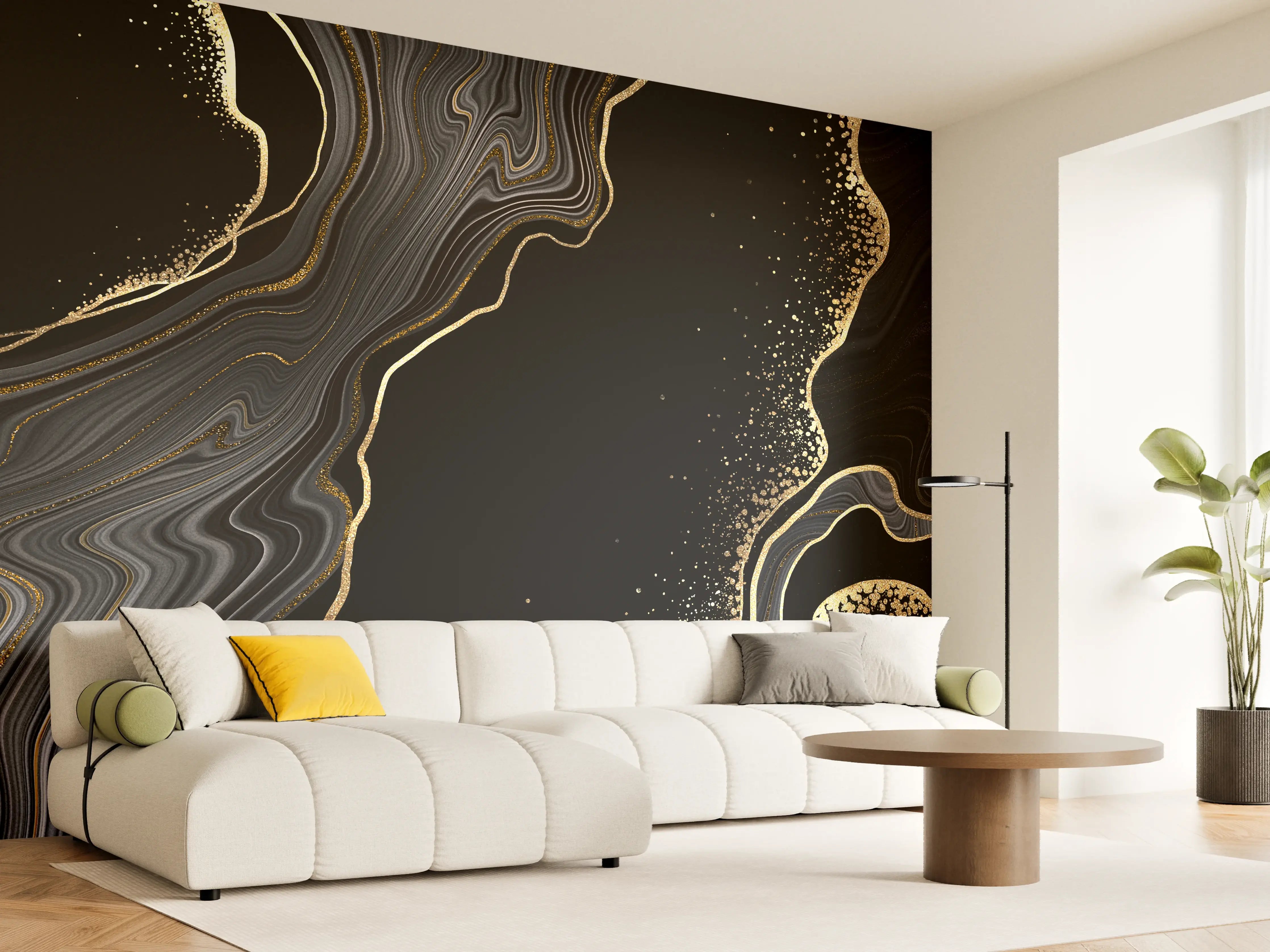 Wandverkleidung Wohnzimmer - Elegantes Marmormuster in Schwarz-Gold