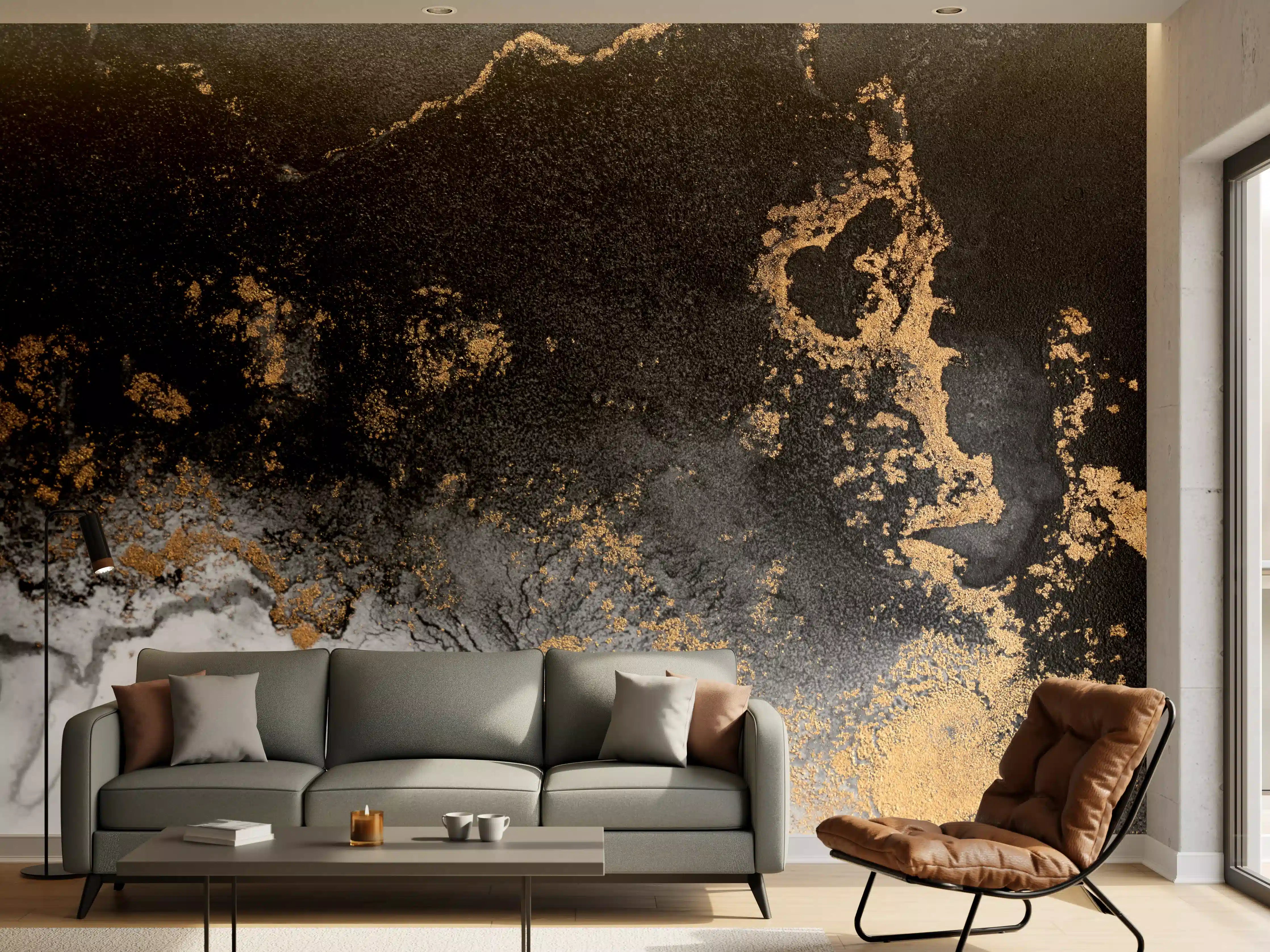 Wandverkleidung Wohnzimmer - Elegantes Marmormuster in Schwarz, Gold und Weiß
