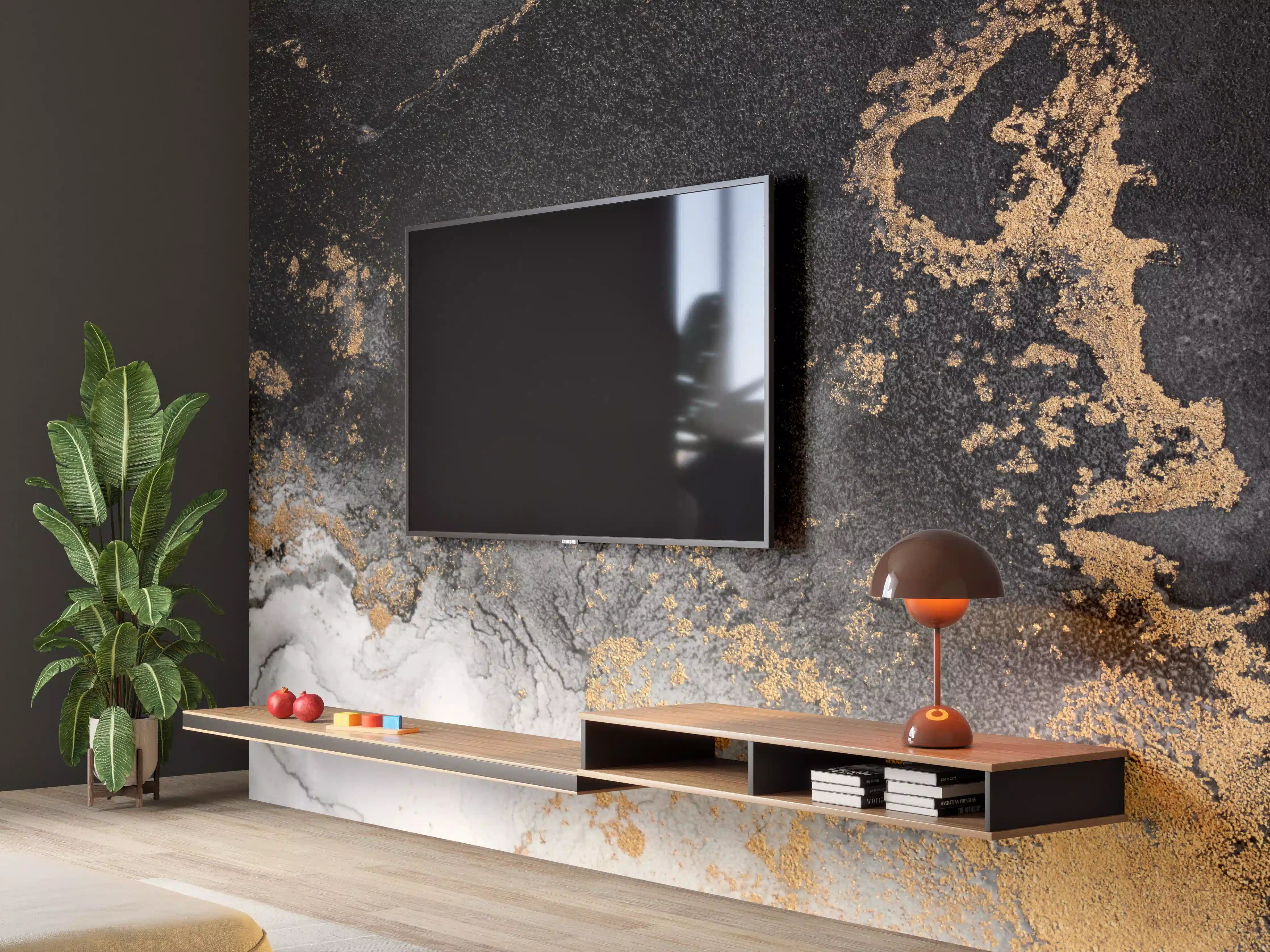 Wandverkleidung Wohnzimmer - Elegantes Marmormuster in Schwarz, Gold und Weiß