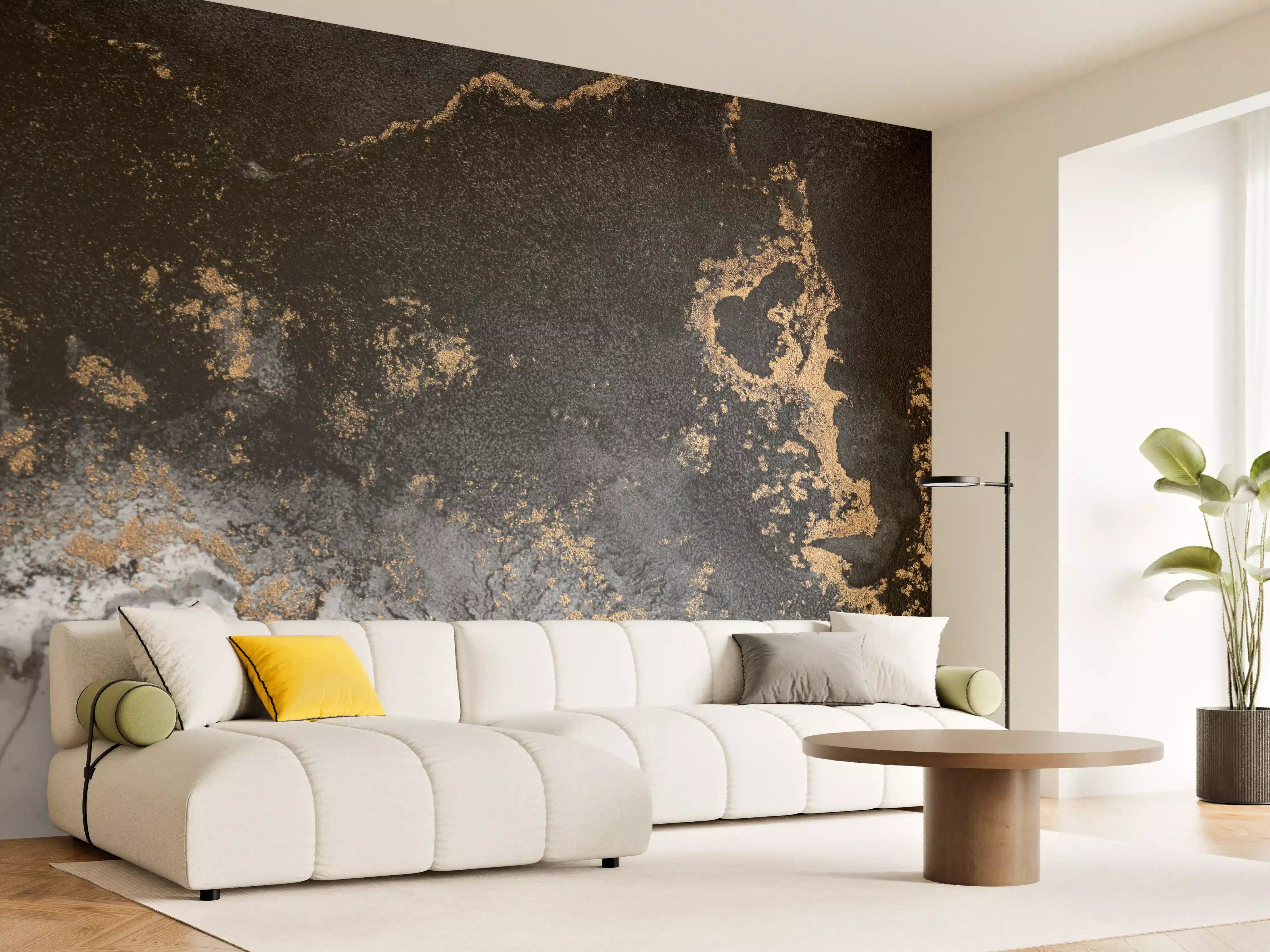 Wandverkleidung Wohnzimmer - Elegantes Marmormuster in Schwarz, Gold und Weiß