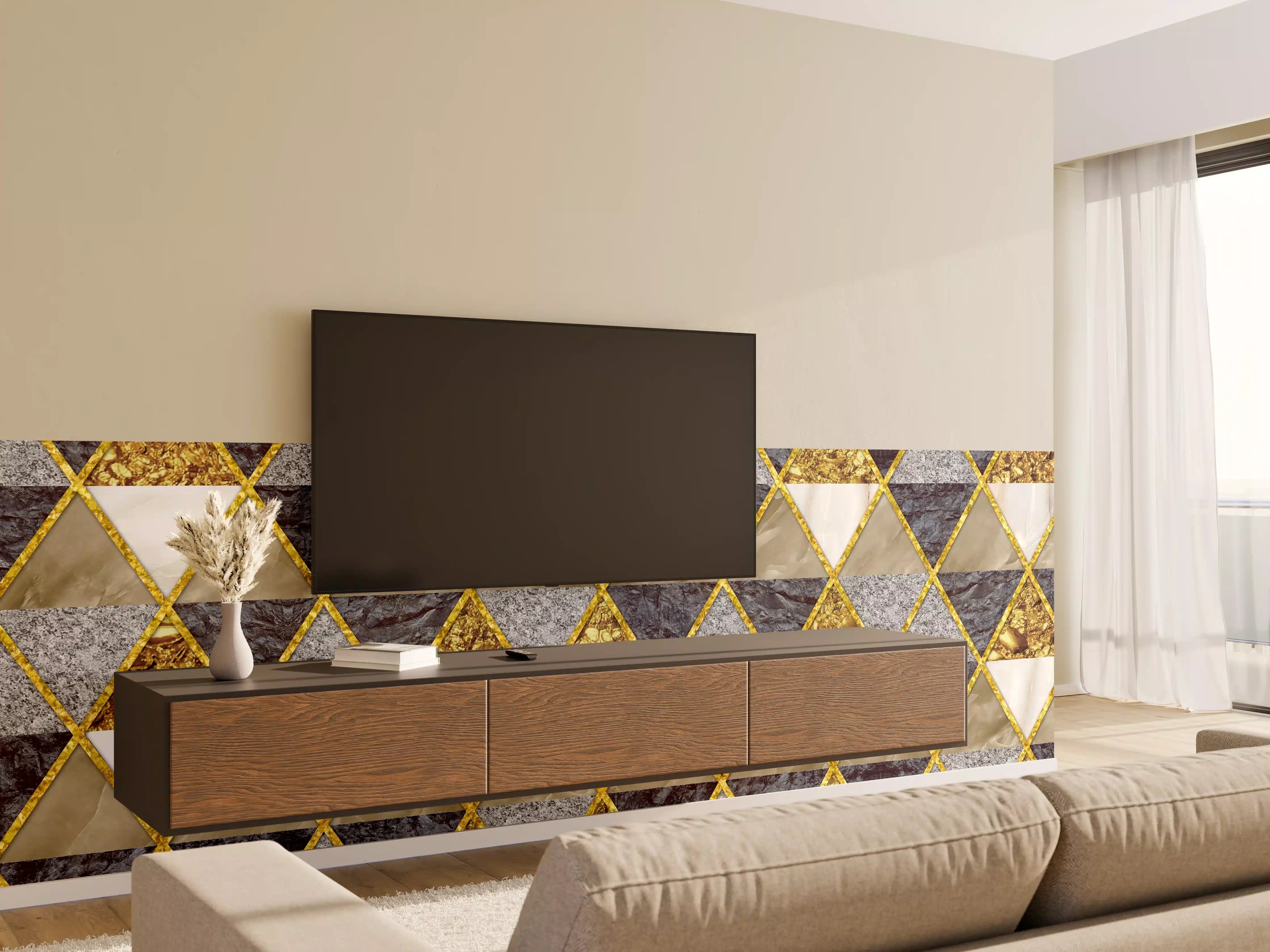 Wandverkleidung Wohnzimmer - Elegantes Mosaik-Design mit Goldakzenten