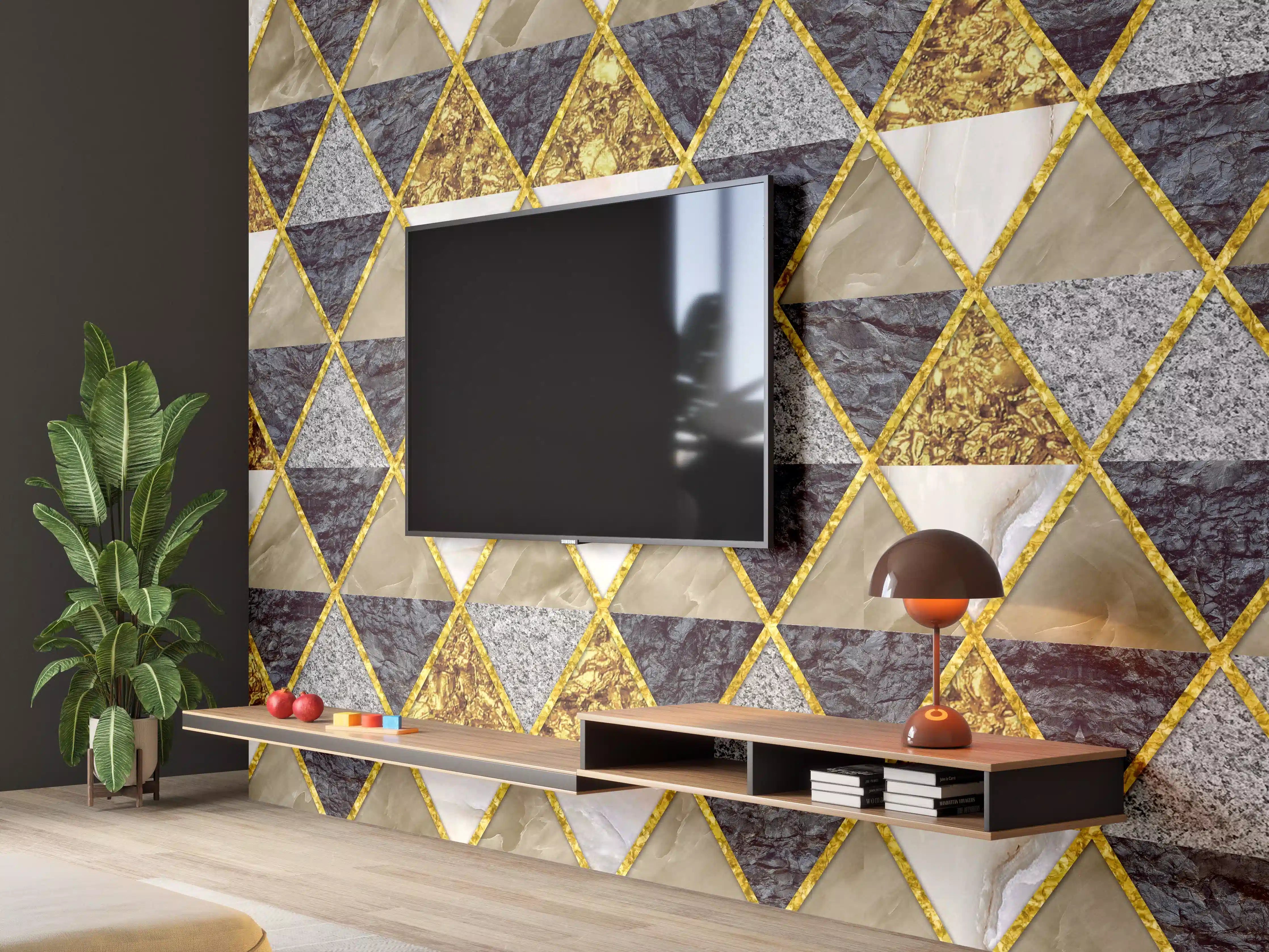 Wandverkleidung Wohnzimmer - Elegantes Mosaik-Design mit Goldakzenten