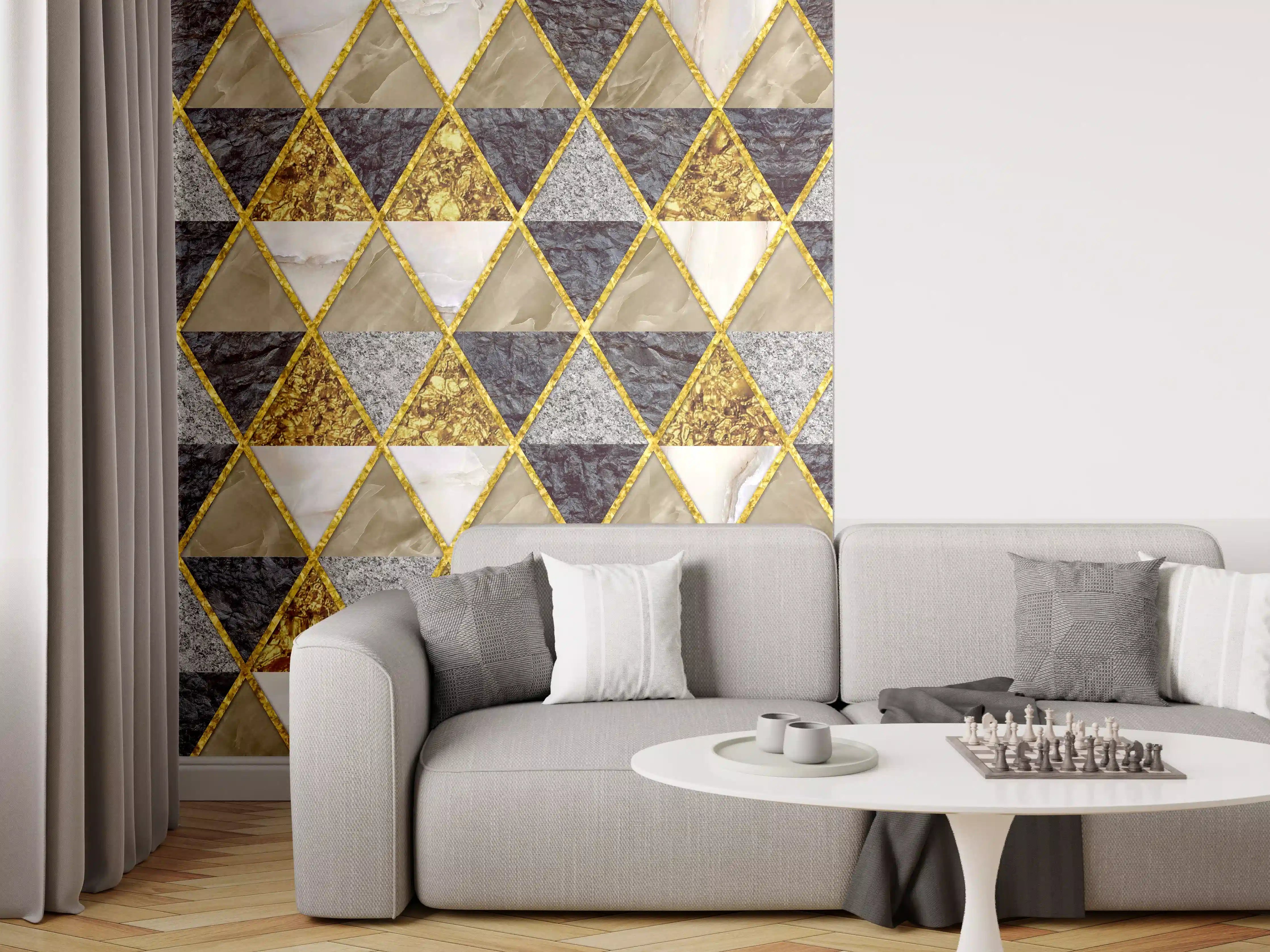 Wandverkleidung Wohnzimmer - Elegantes Mosaik-Design mit Goldakzenten