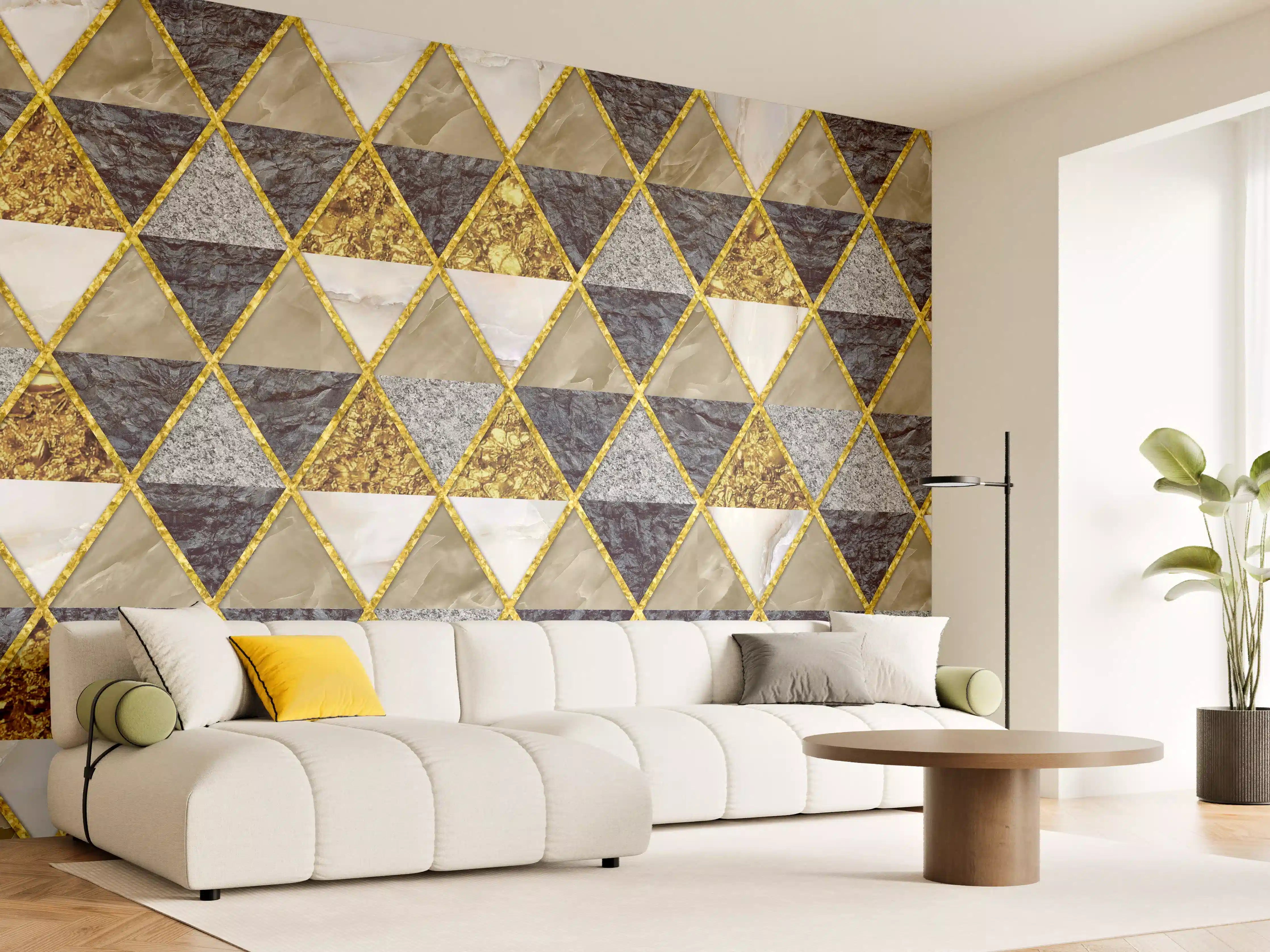 Wandverkleidung Wohnzimmer - Elegantes Mosaik-Design mit Goldakzenten