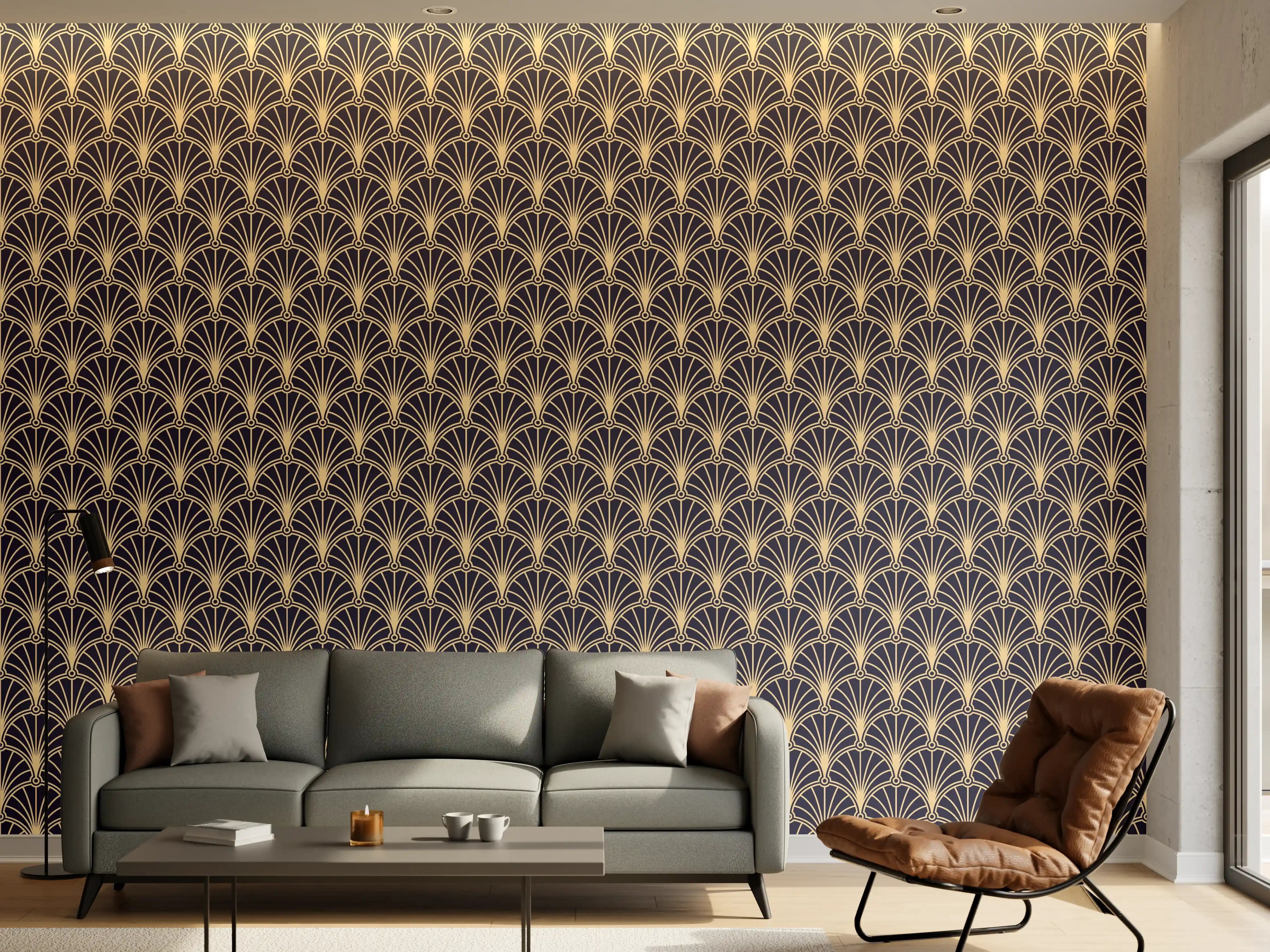 Wandverkleidung Wohnzimmer - Elegantes Muster in Dunkelblau und Gold