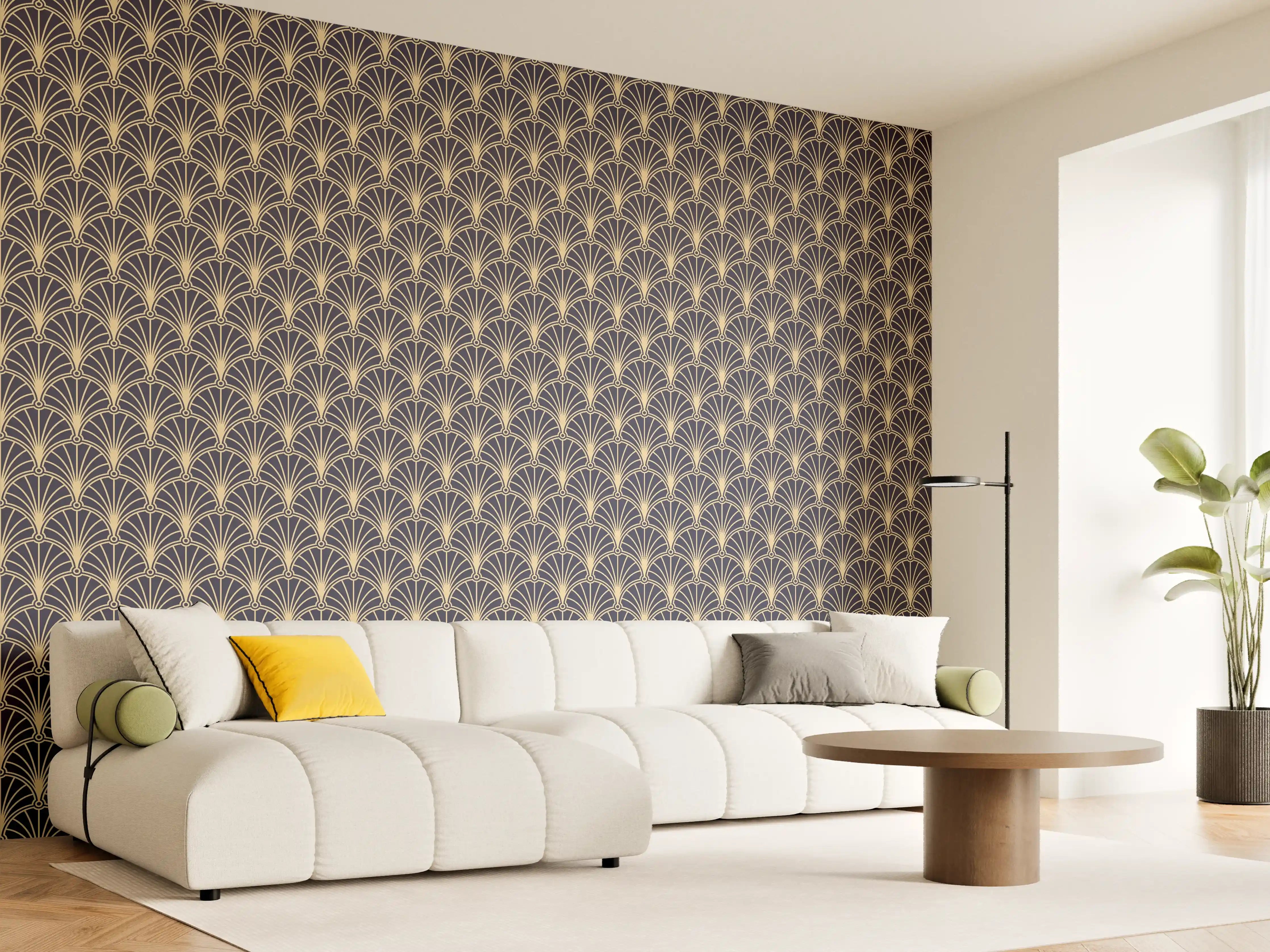 Wandverkleidung Wohnzimmer - Elegantes Muster in Dunkelblau und Gold
