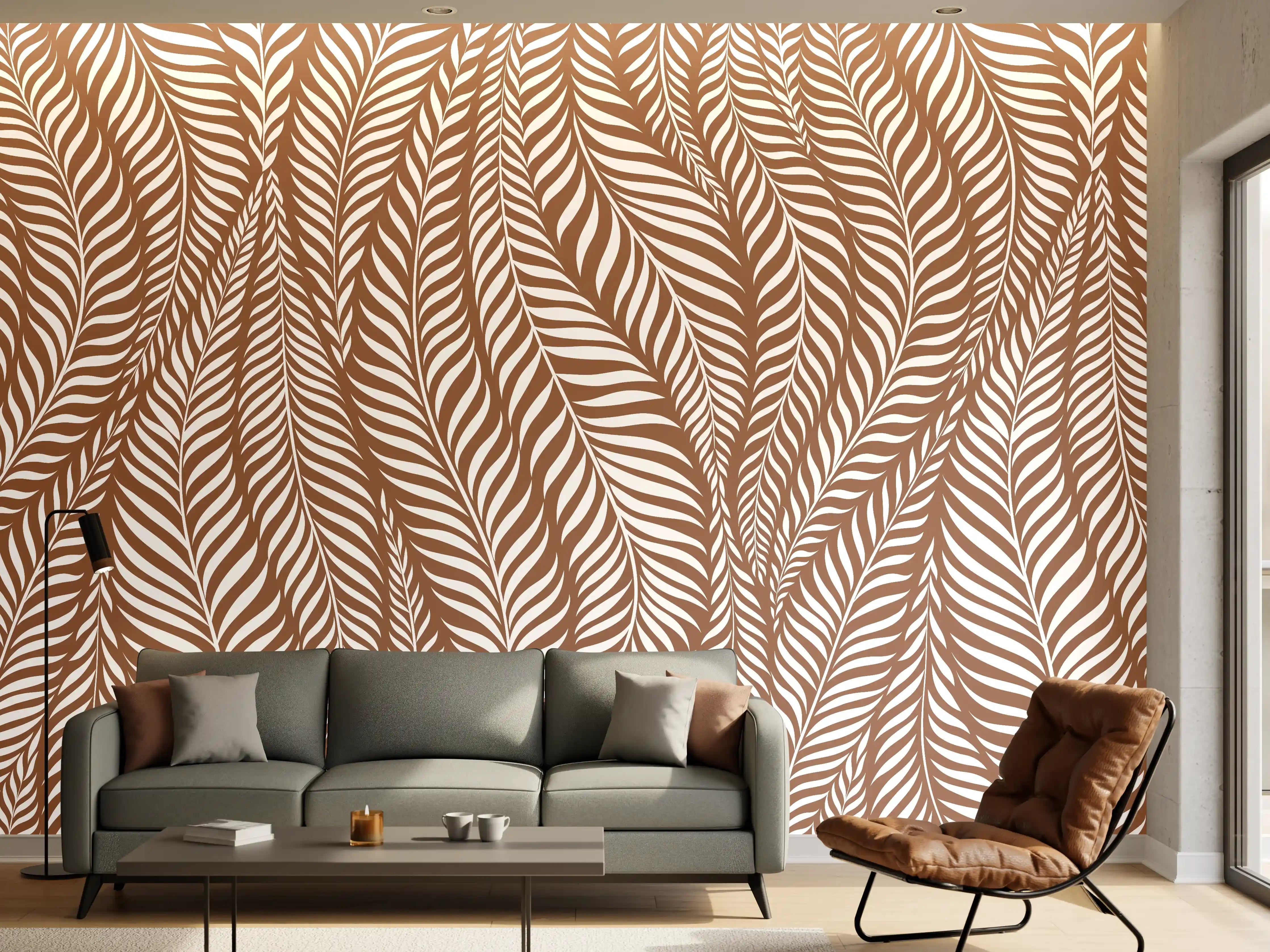 Wandverkleidung Wohnzimmer - Elegantes Palmendesign in Braun und Weiß