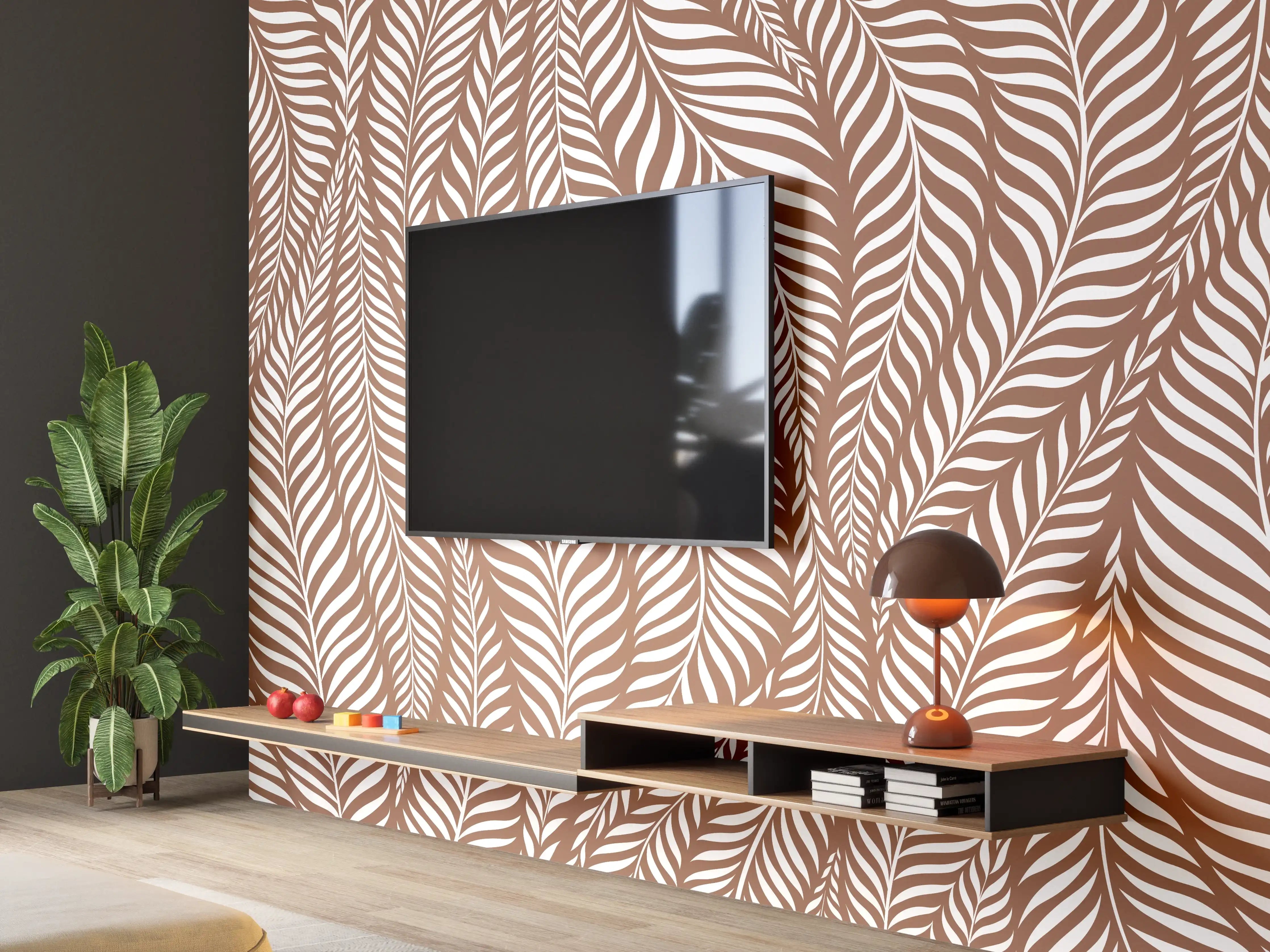 Wandverkleidung Wohnzimmer - Elegantes Palmendesign in Braun und Weiß