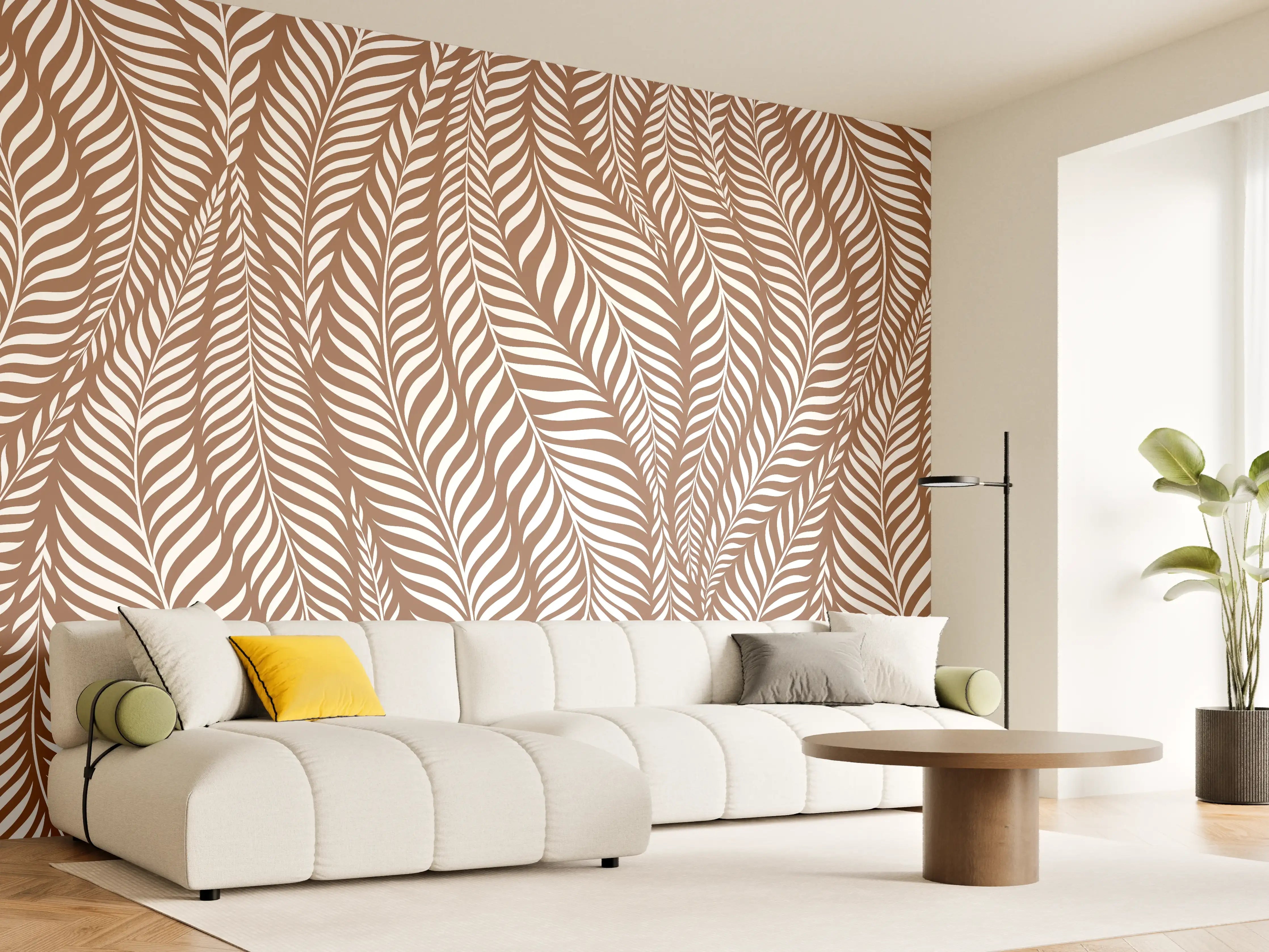 Wandverkleidung Wohnzimmer - Elegantes Palmendesign in Braun und Weiß