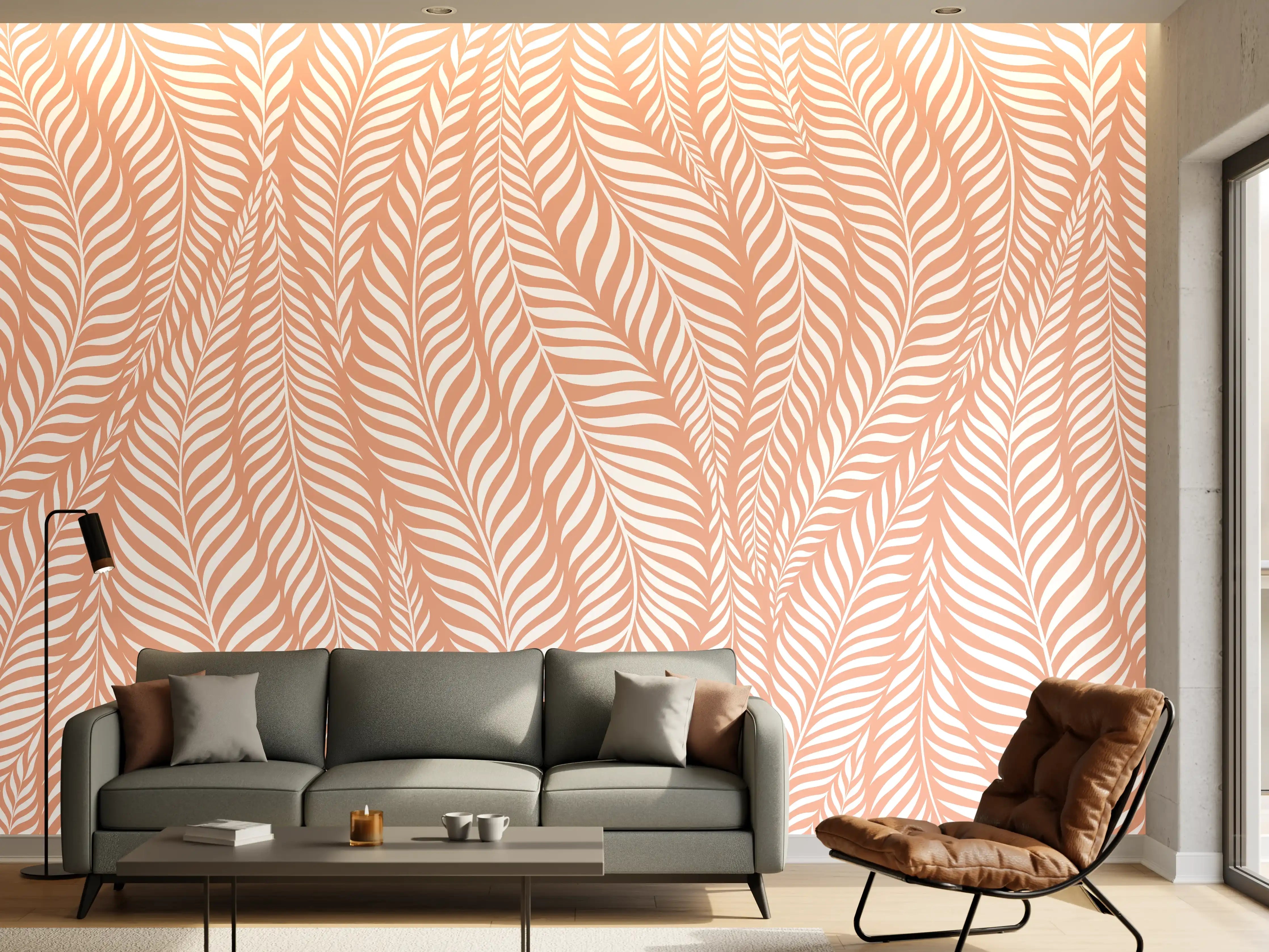 Wandverkleidung Wohnzimmer - Elegantes Palmendesign in Pastellfarben