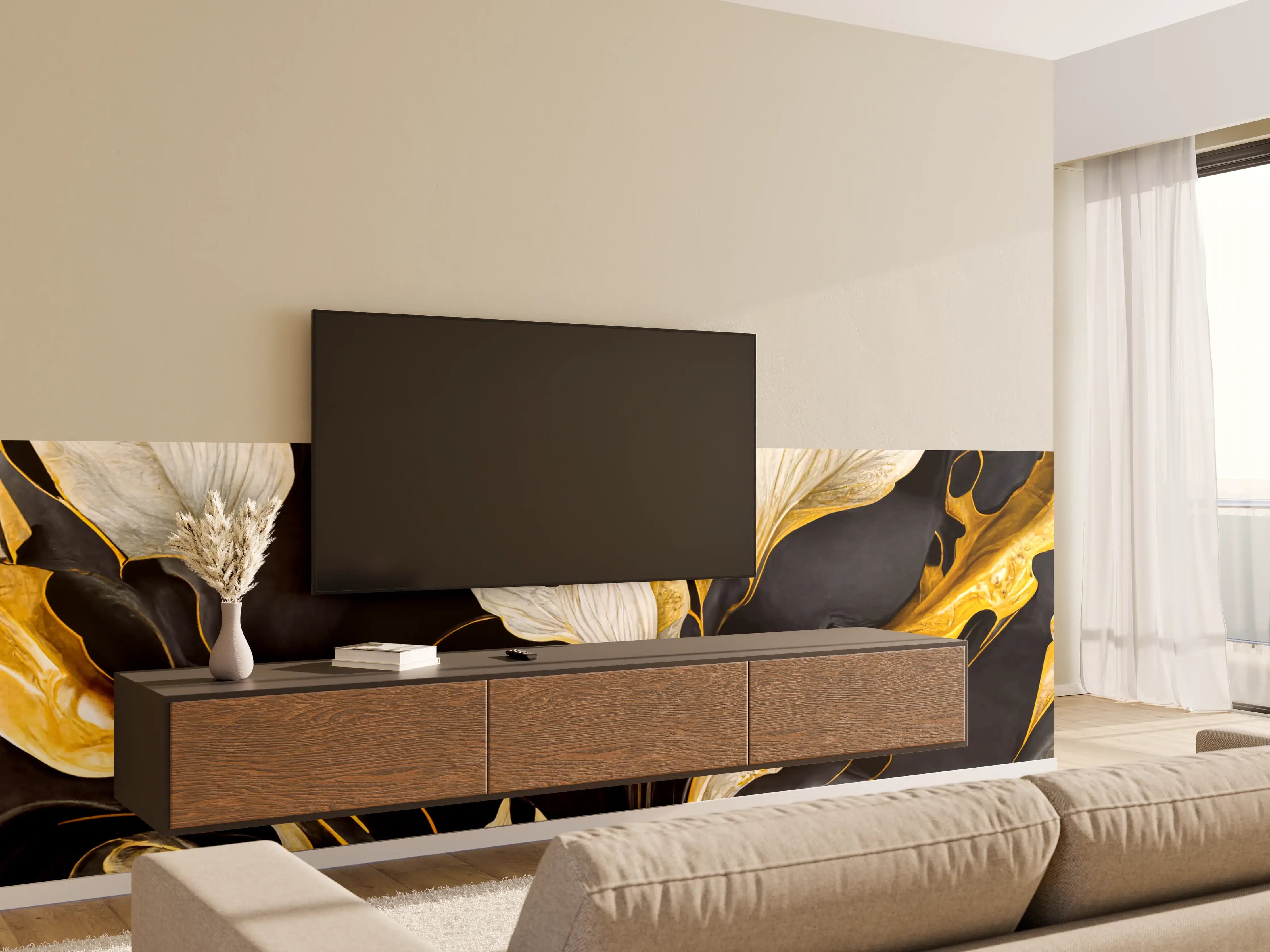 Wandverkleidung Wohnzimmer - Elegantes Schwarz-Gold-Design