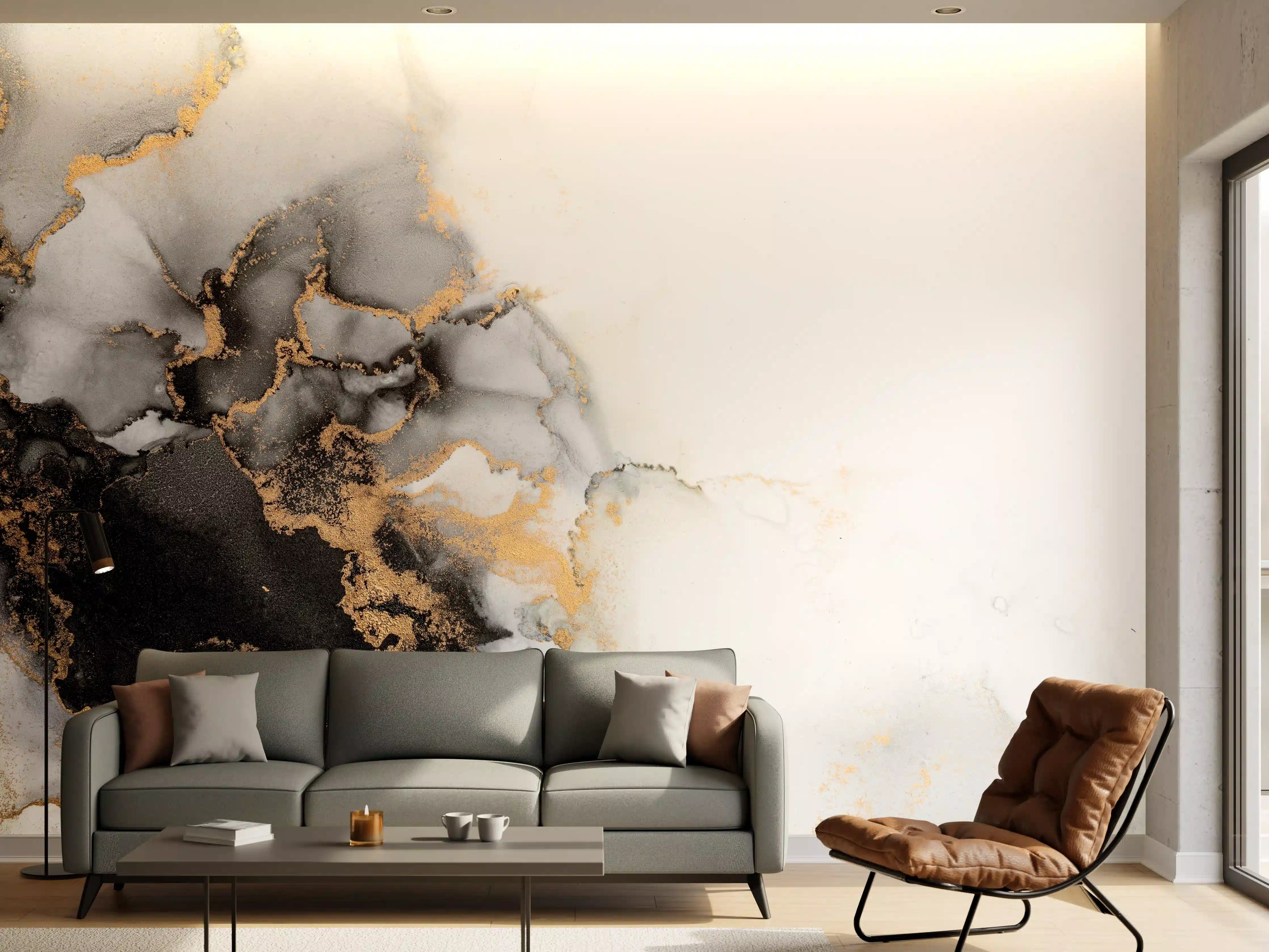 Wandverkleidung Wohnzimmer - Elegantes Schwarz-Gold-Marble-Design