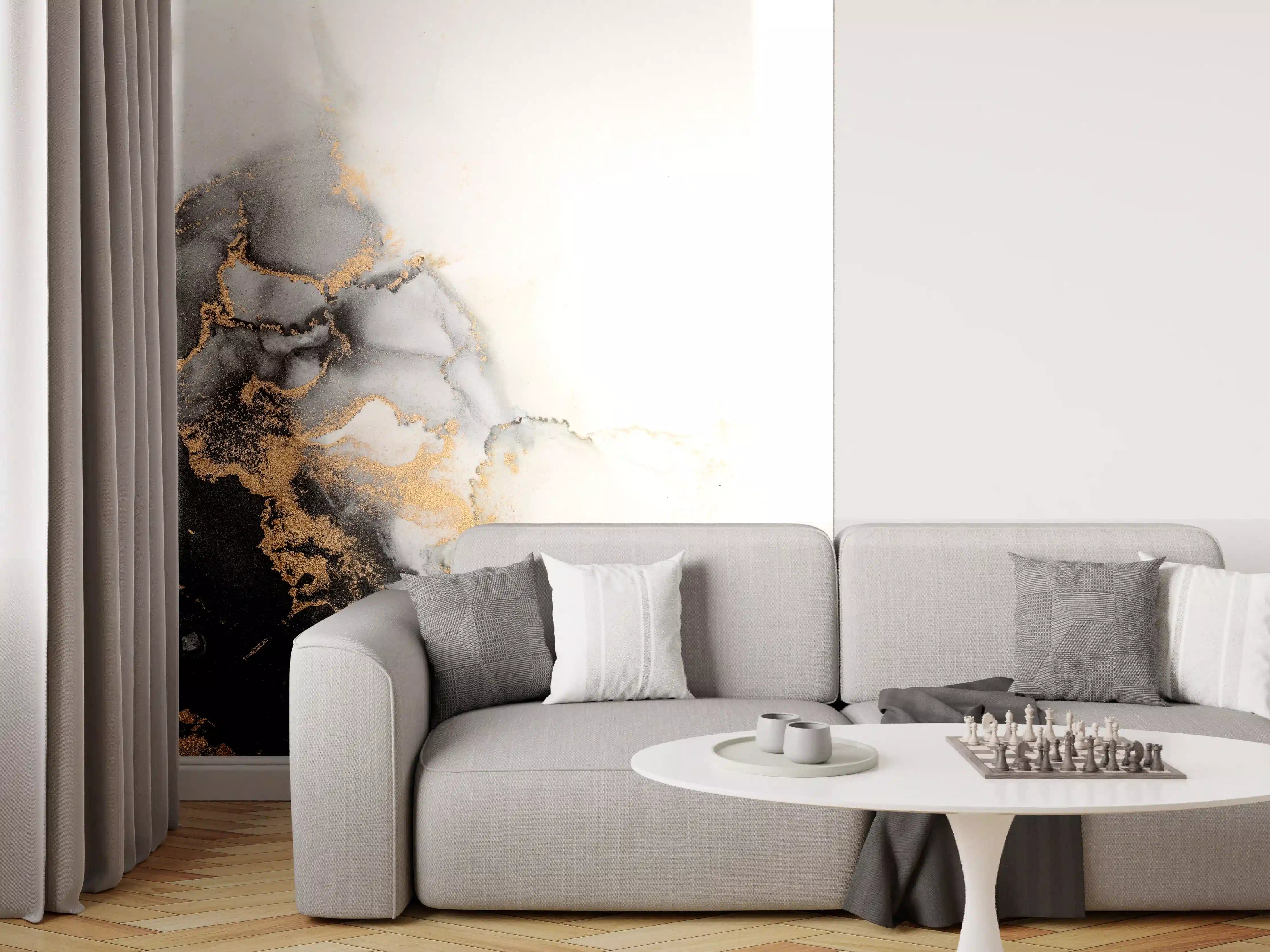 Wandverkleidung Wohnzimmer - Elegantes Schwarz-Gold-Marble-Design