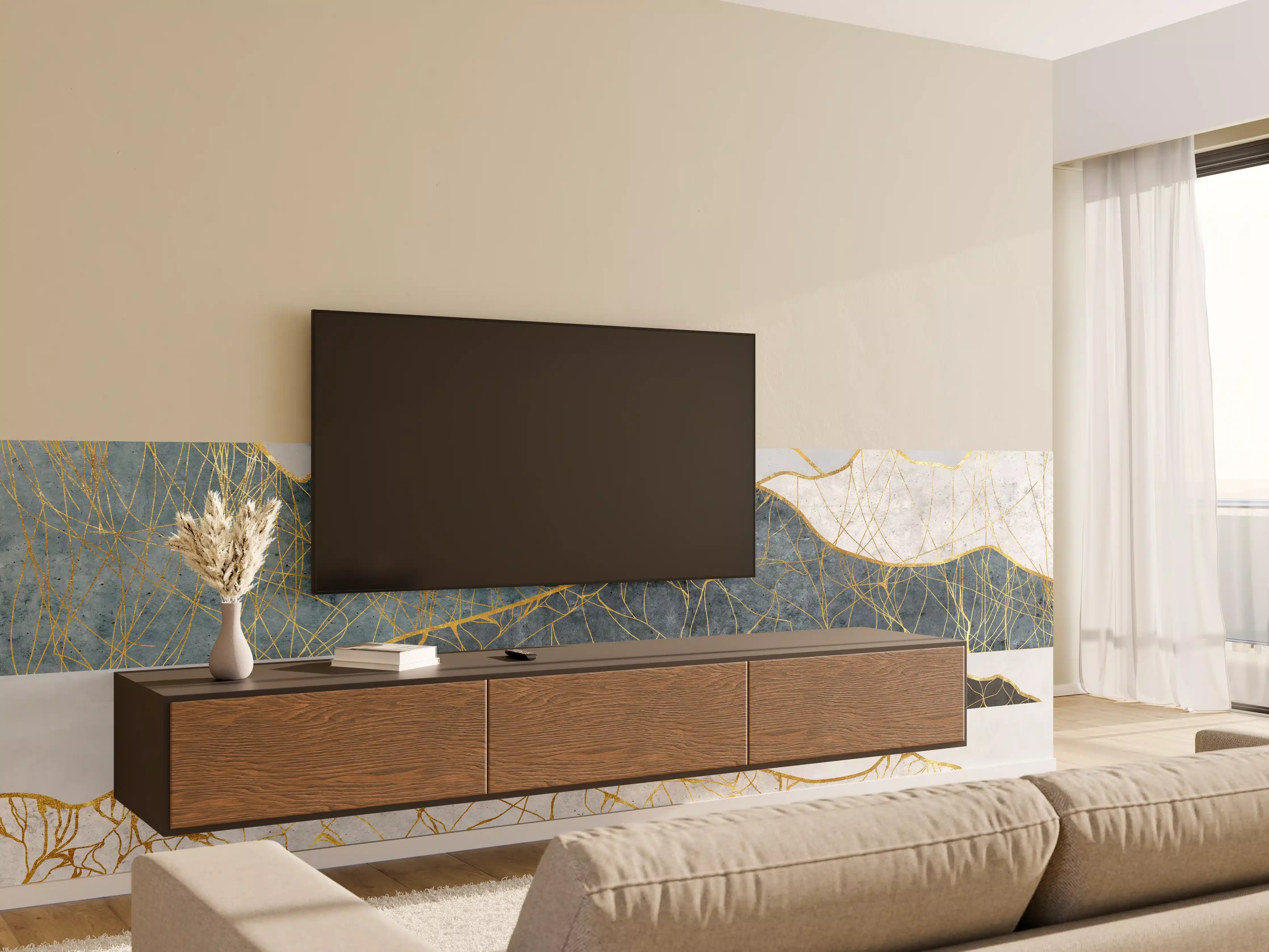 Wandverkleidung Wohnzimmer - Elegantes Wandbild mit goldenen Linien und Bergen