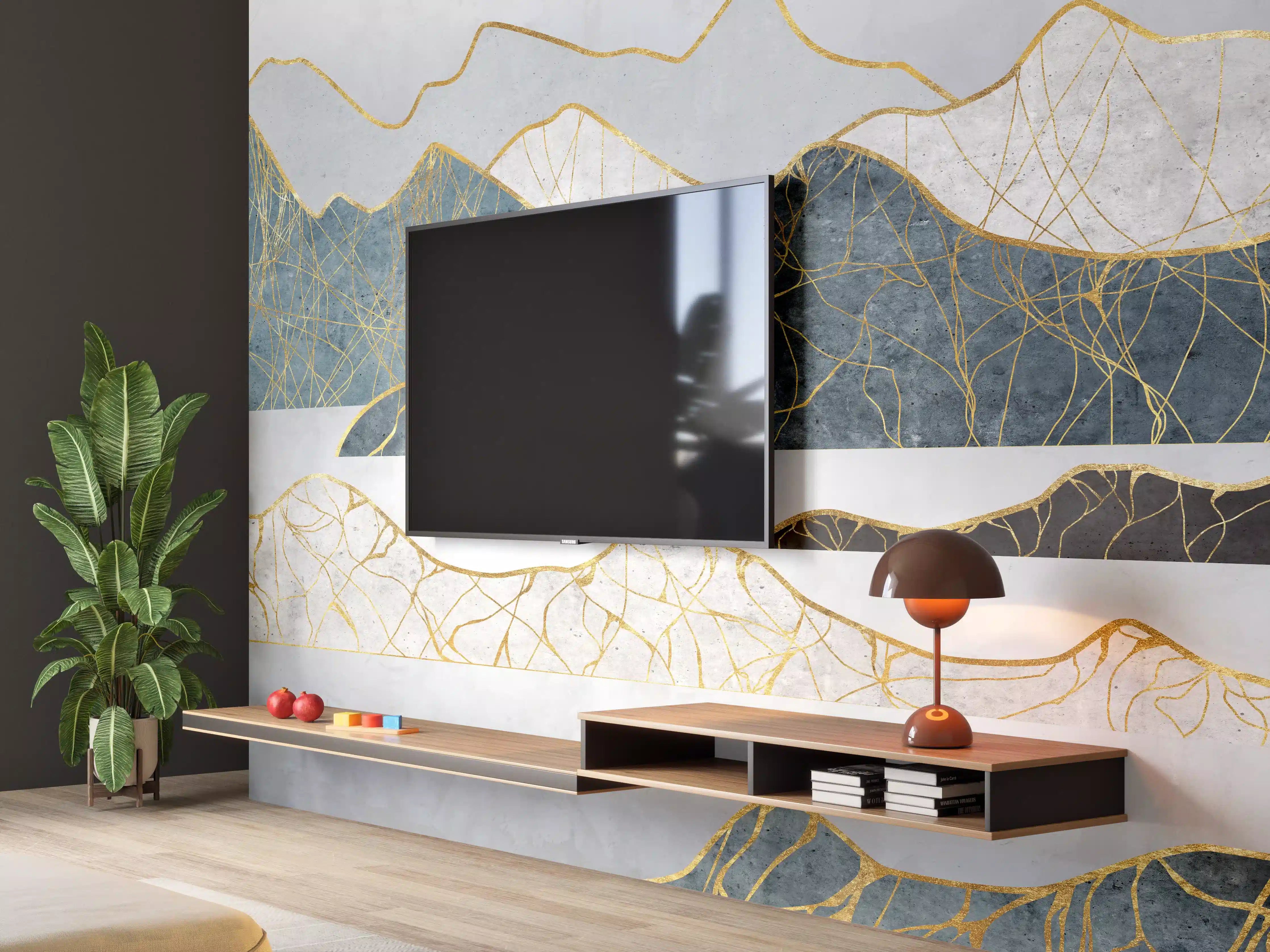 Wandverkleidung Wohnzimmer - Elegantes Wandbild mit goldenen Linien und Bergen