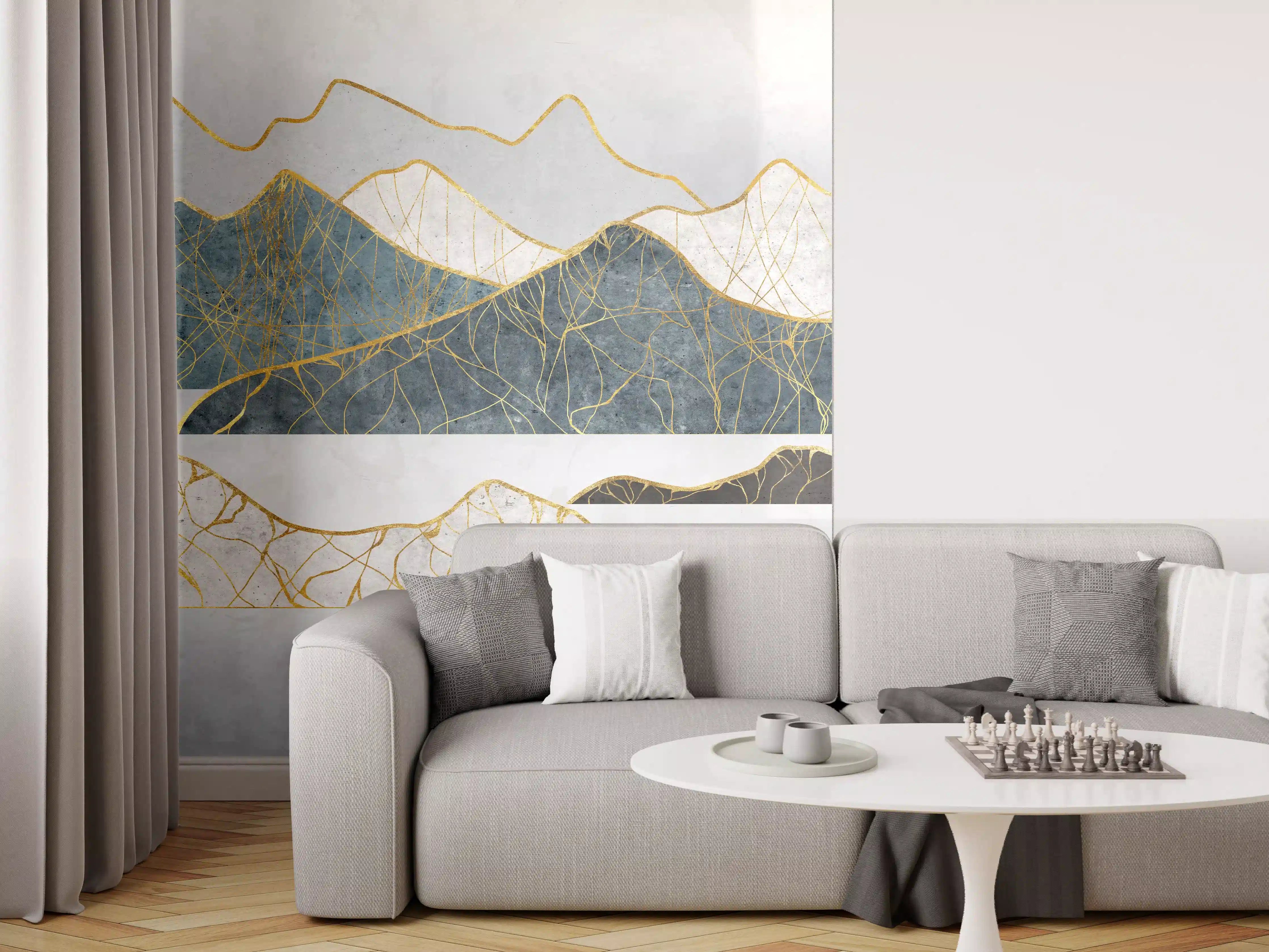 Wandverkleidung Wohnzimmer - Elegantes Wandbild mit goldenen Linien und Bergen