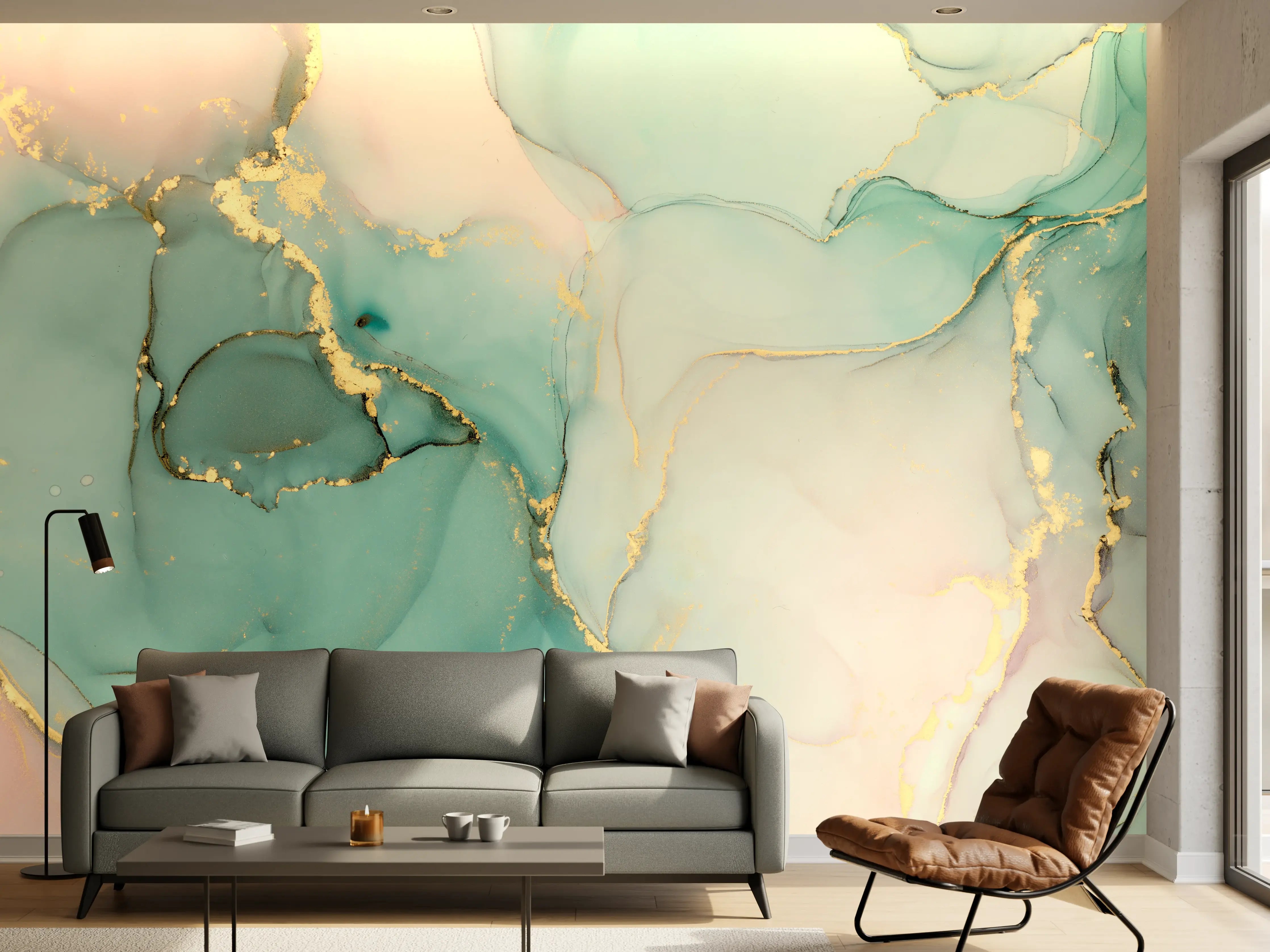 Wandverkleidung Wohnzimmer - Elegantes Wasserfarben-Motiv mit Goldakzenten