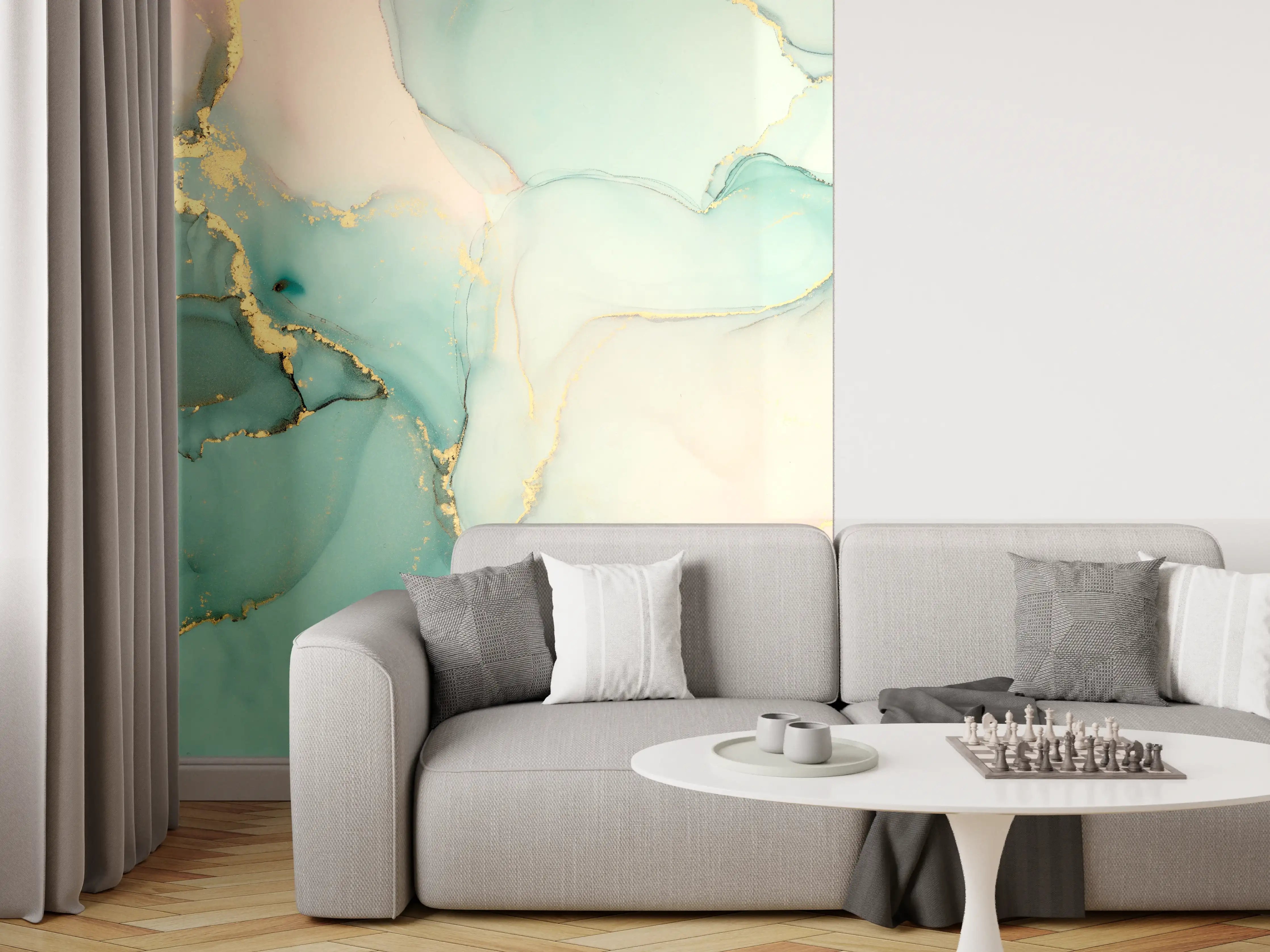 Wandverkleidung Wohnzimmer - Elegantes Wasserfarben-Motiv mit Goldakzenten