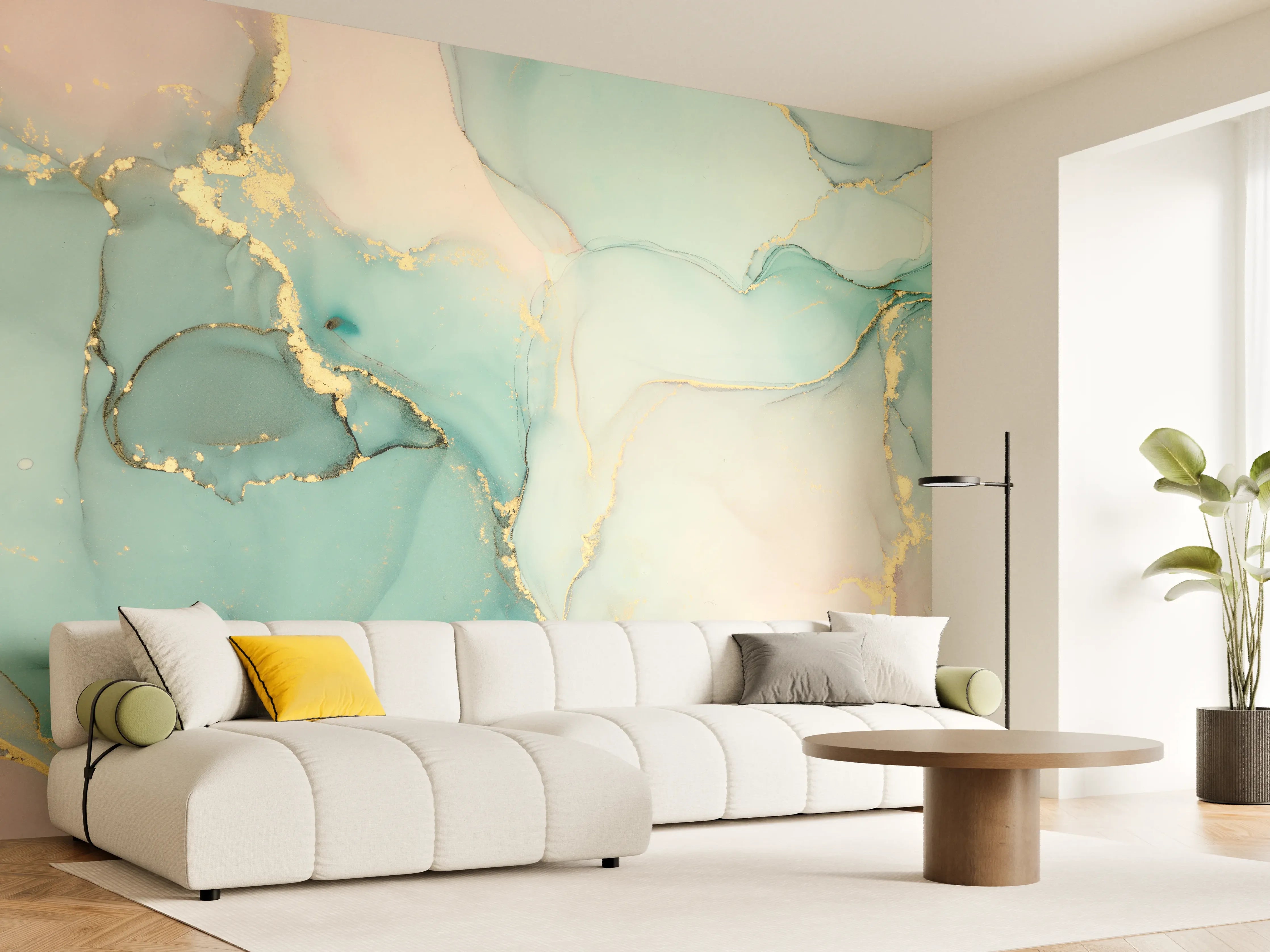 Wandverkleidung Wohnzimmer - Elegantes Wasserfarben-Motiv mit Goldakzenten