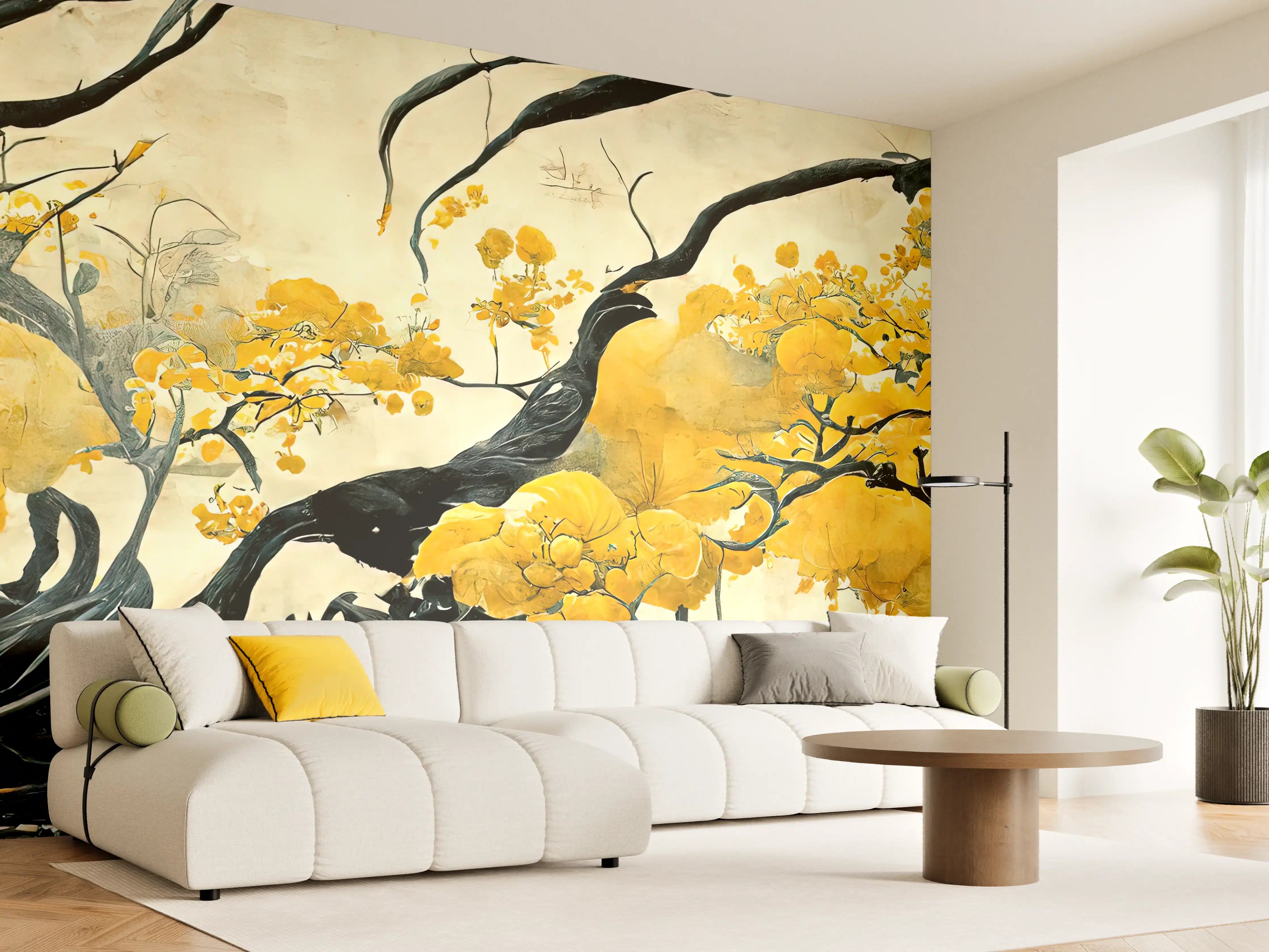 Wandverkleidung Wohnzimmer - Elegantes asiatisches Baum-Motiv mit goldgelben Blüten