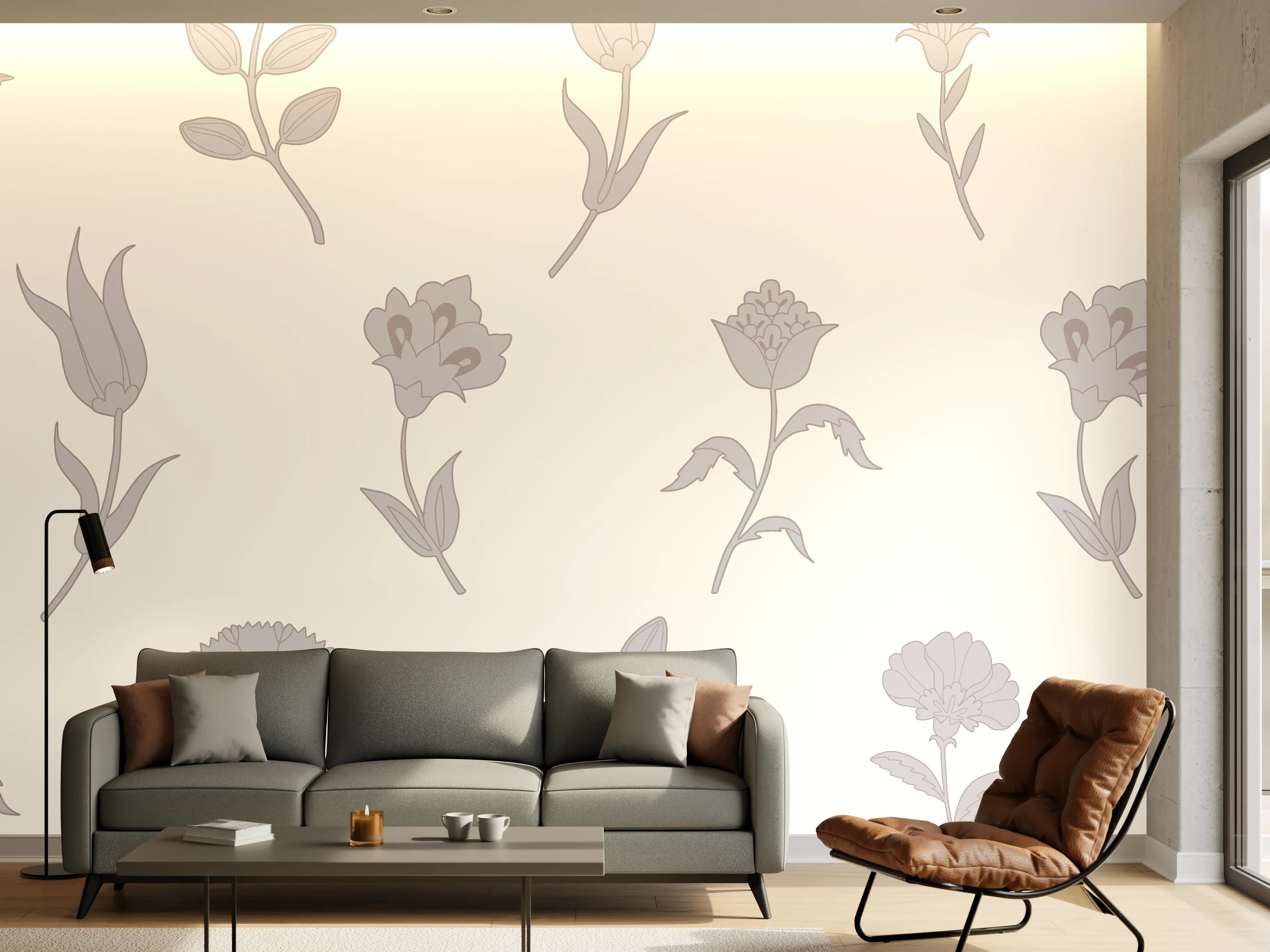 Wandverkleidung Wohnzimmer - Elegantes florales Design in Grau und Weiß