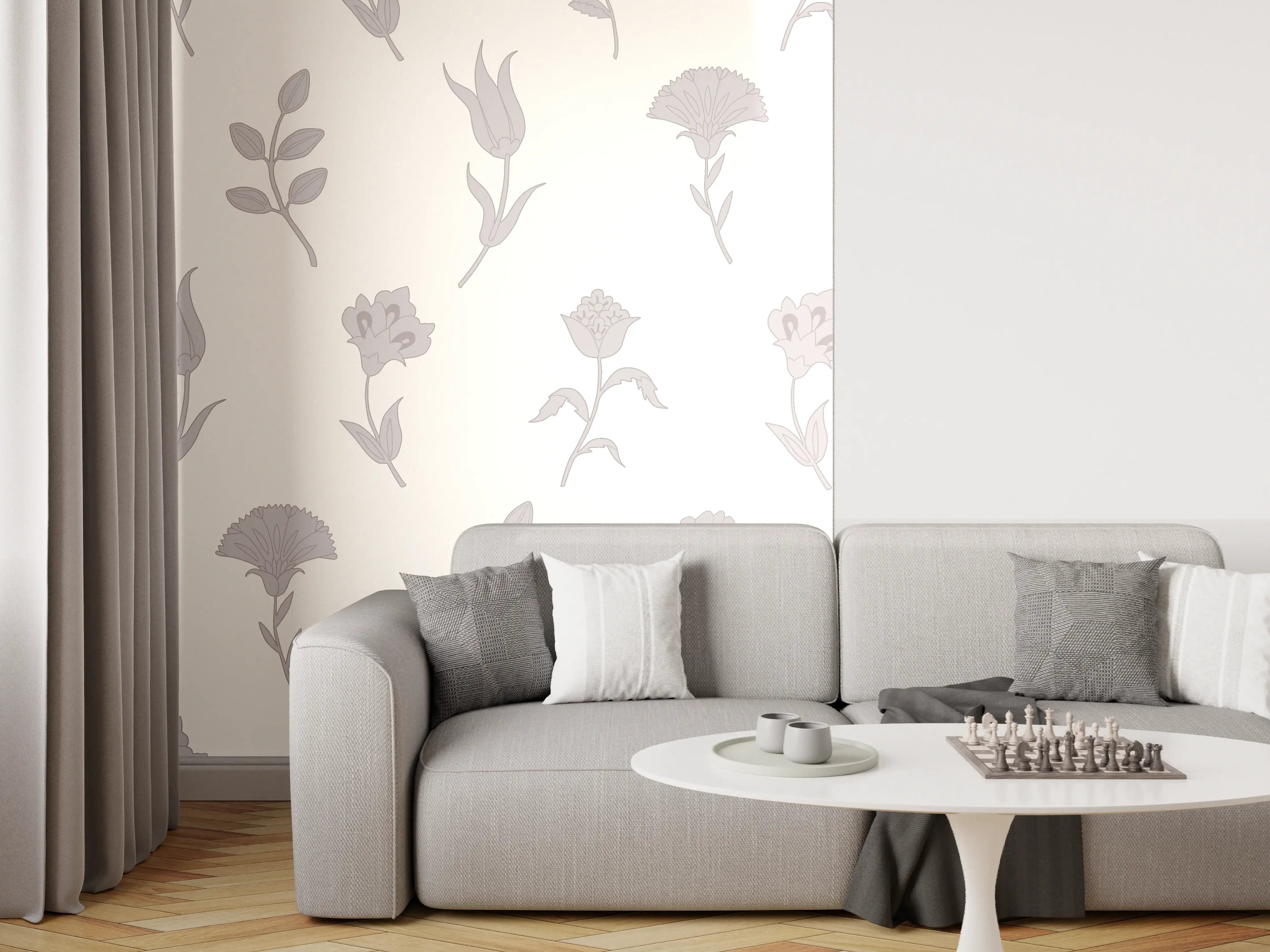 Wandverkleidung Wohnzimmer - Elegantes florales Design in Grau und Weiß