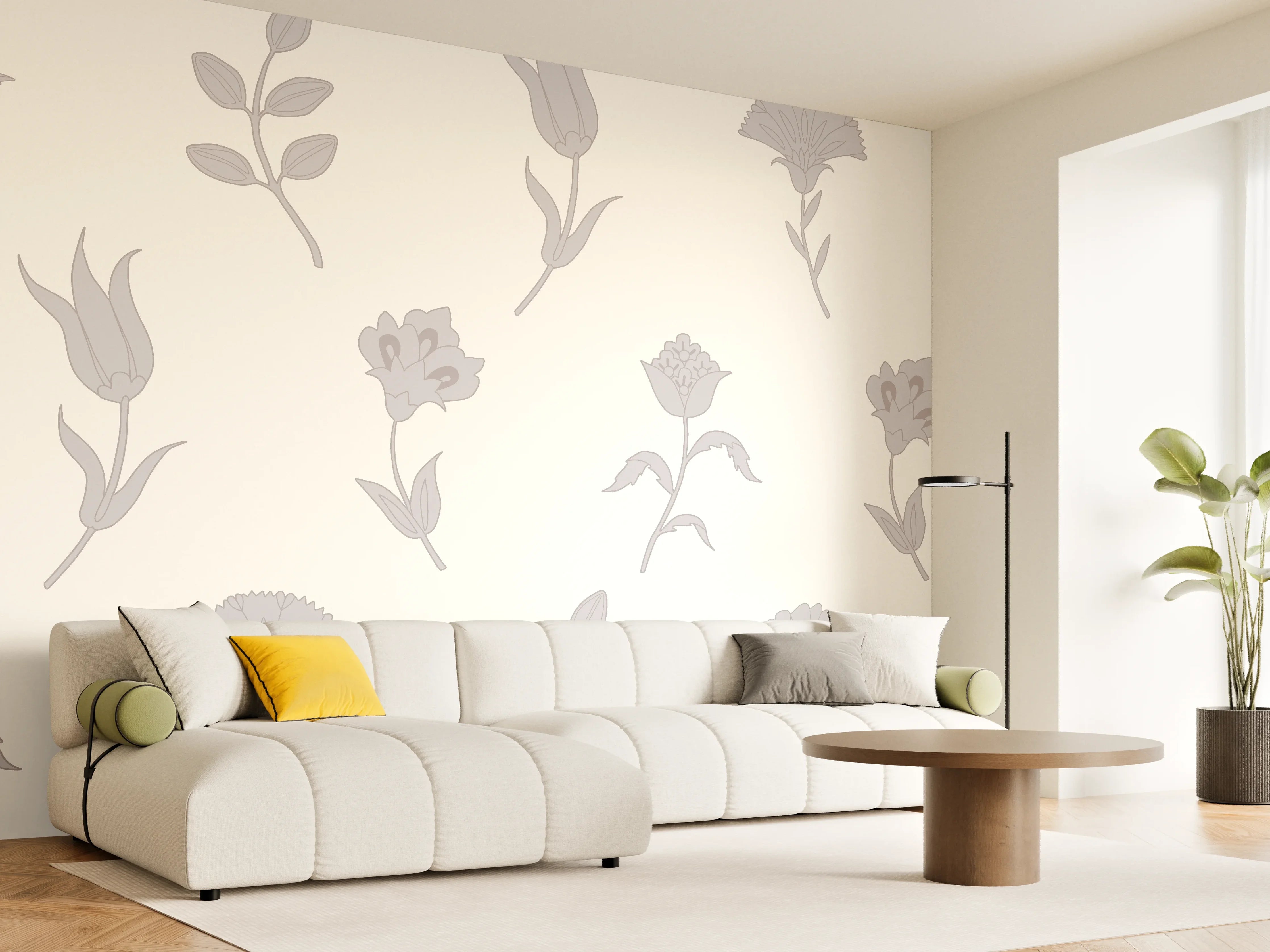 Wandverkleidung Wohnzimmer - Elegantes florales Design in Grau und Weiß
