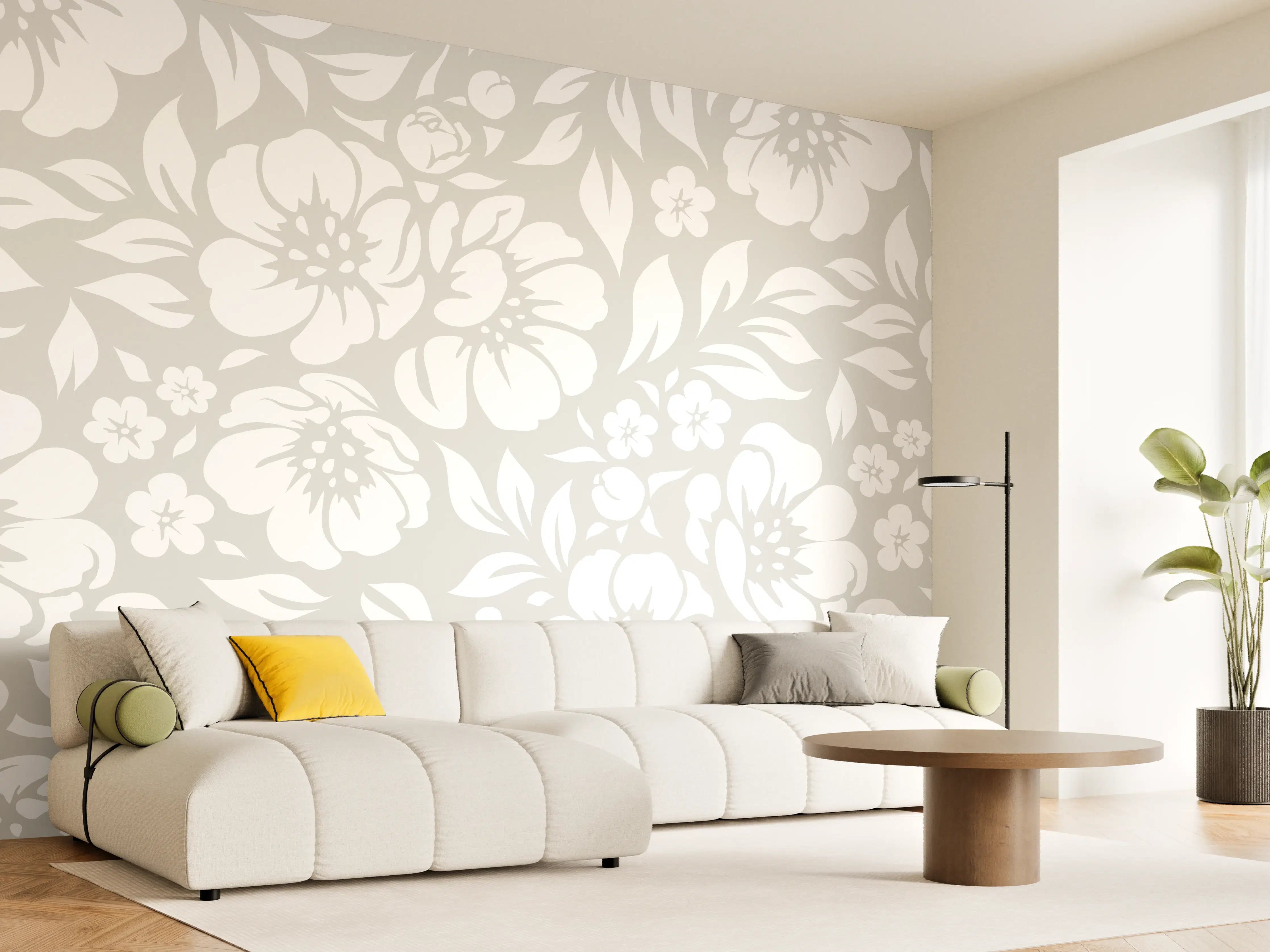 Wandverkleidung Wohnzimmer - Elegantes florales Muster in Weiß und Grau