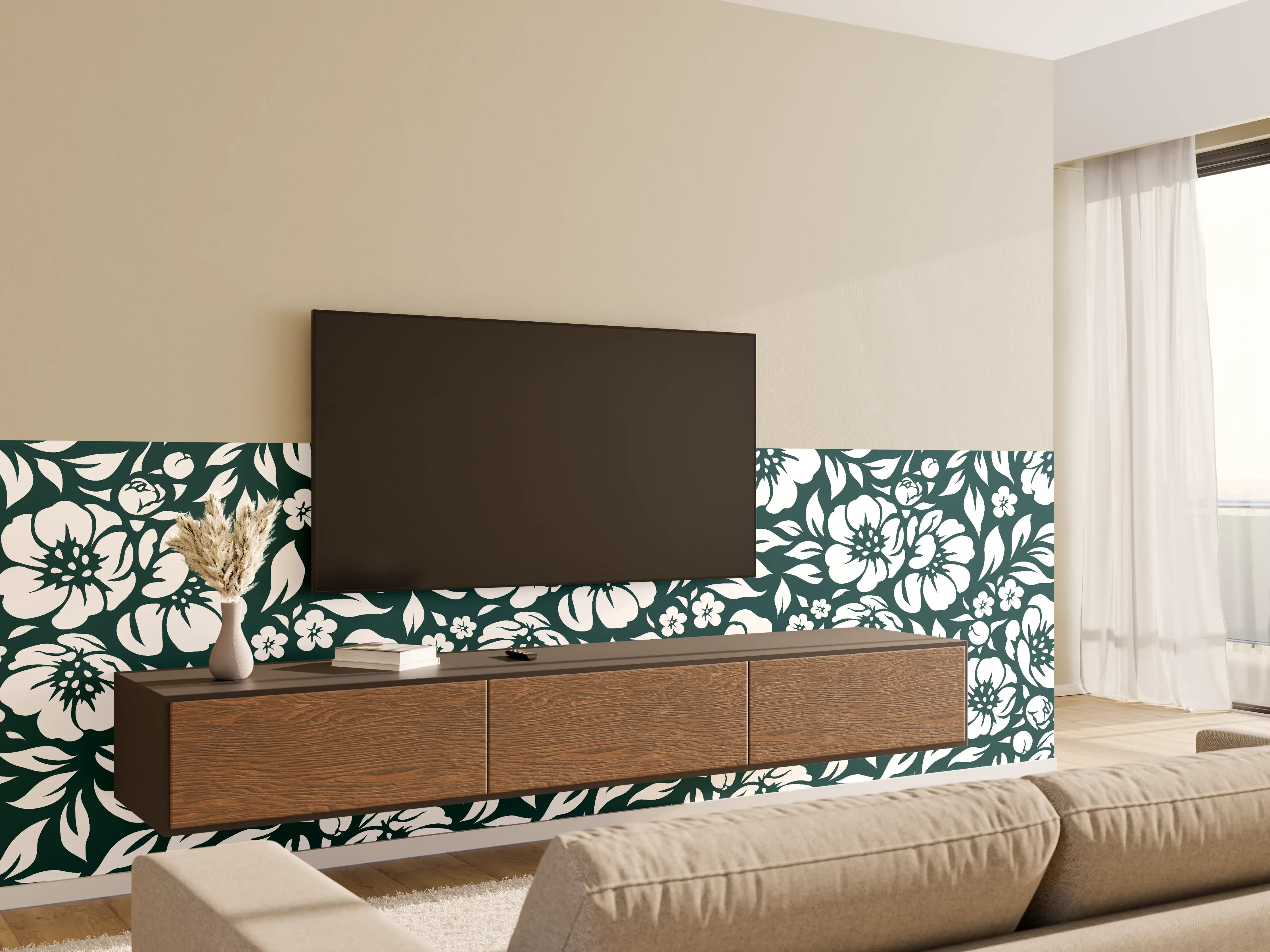Wandverkleidung Wohnzimmer - Elegantes florales Muster mit dunklem Hintergrund