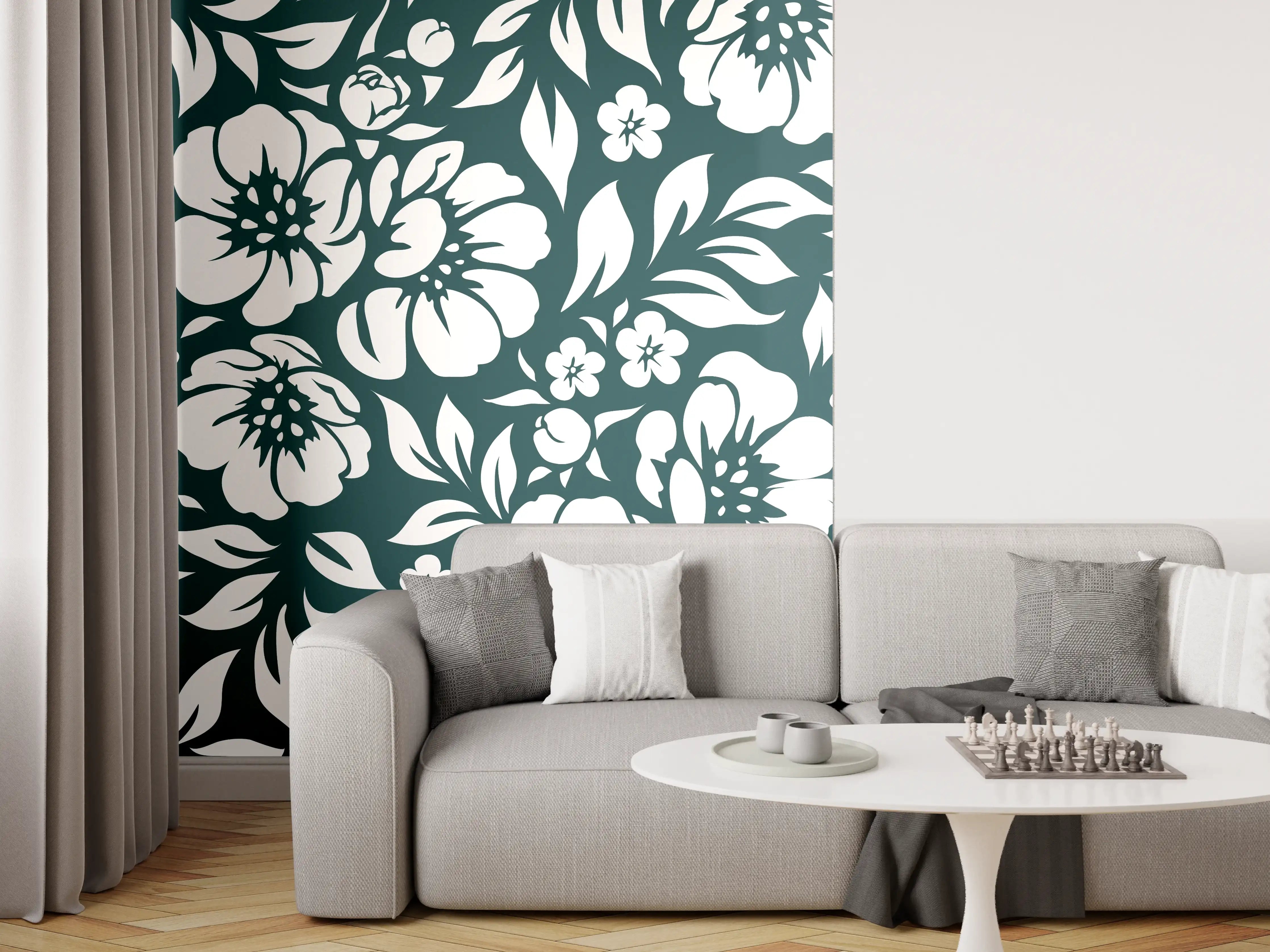 Wandverkleidung Wohnzimmer - Elegantes florales Muster mit dunklem Hintergrund