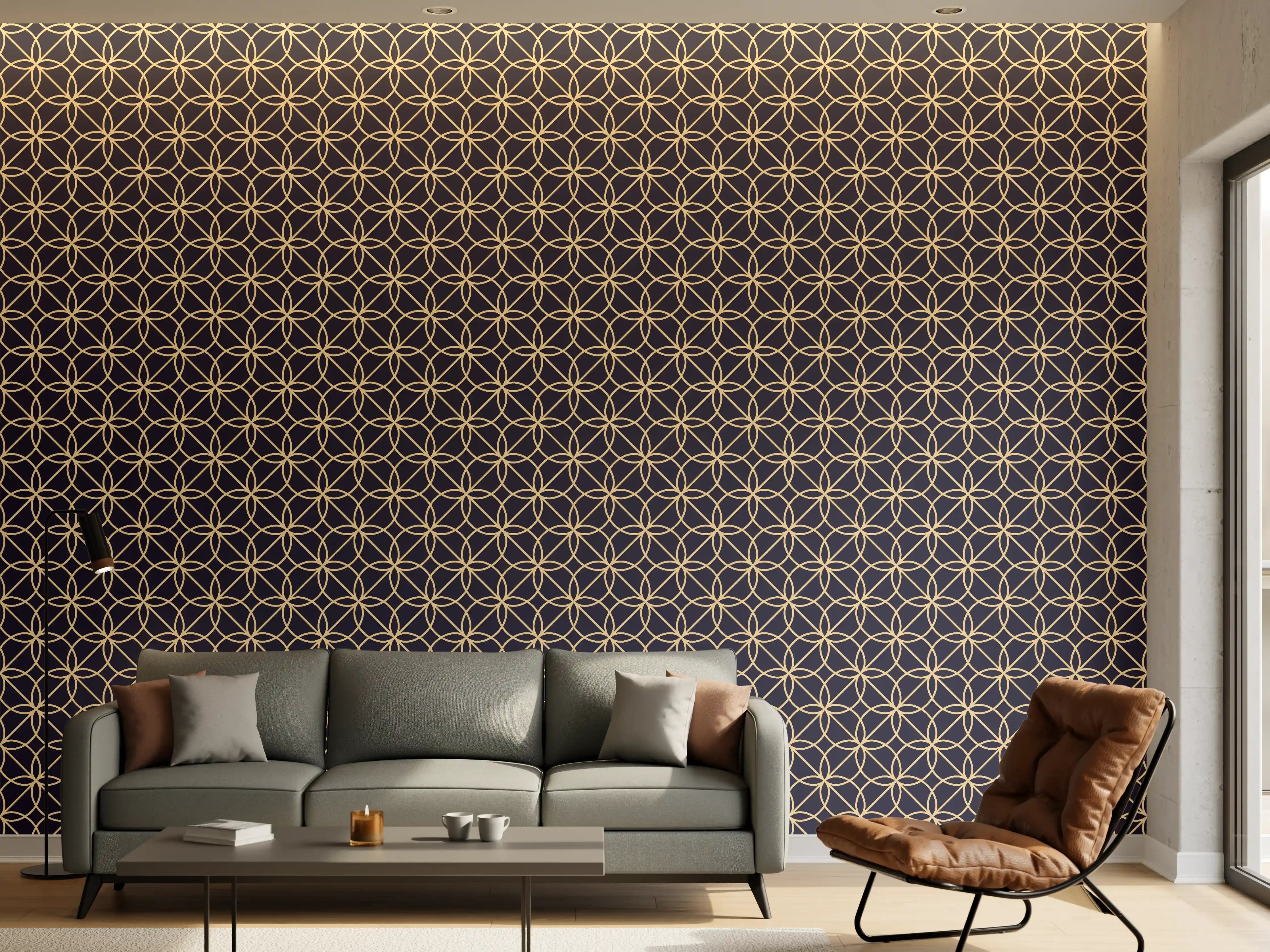 Wandverkleidung Wohnzimmer - Elegantes geometrisches Muster in Dunkelblau und Gold