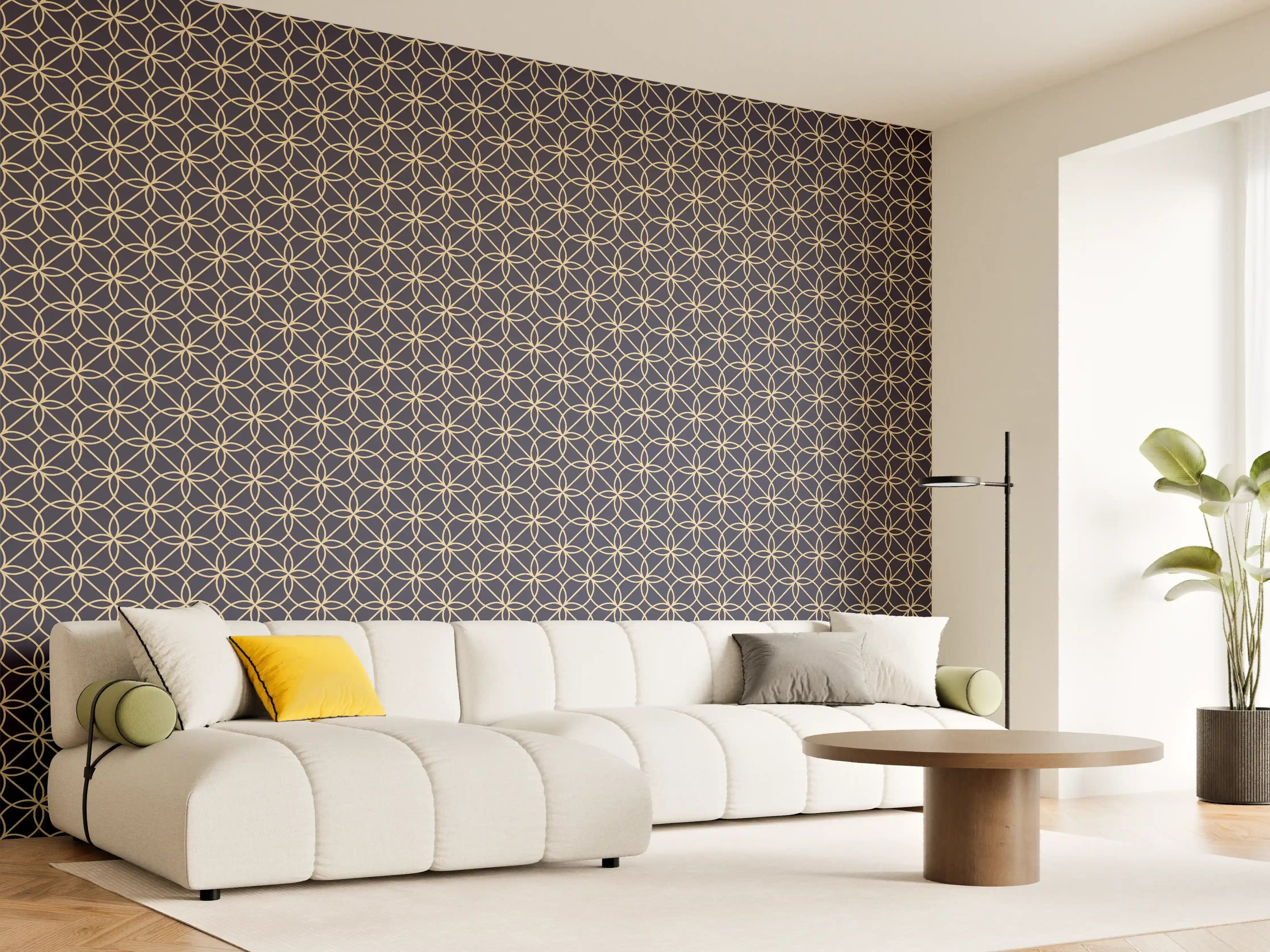 Wandverkleidung Wohnzimmer - Elegantes geometrisches Muster in Dunkelblau und Gold