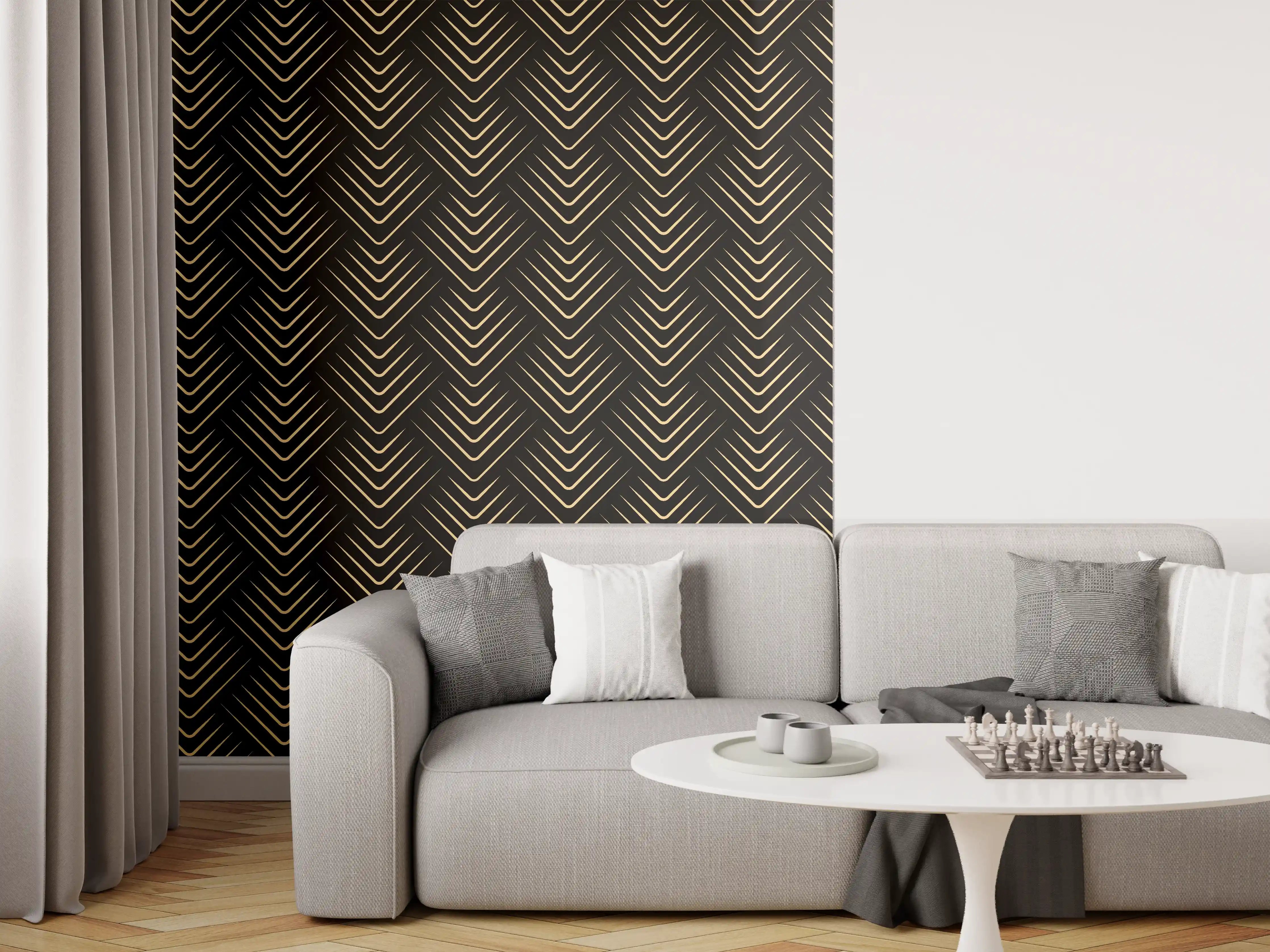 Wandverkleidung Wohnzimmer - Elegantes geometrisches Muster in Gold auf Schwarz