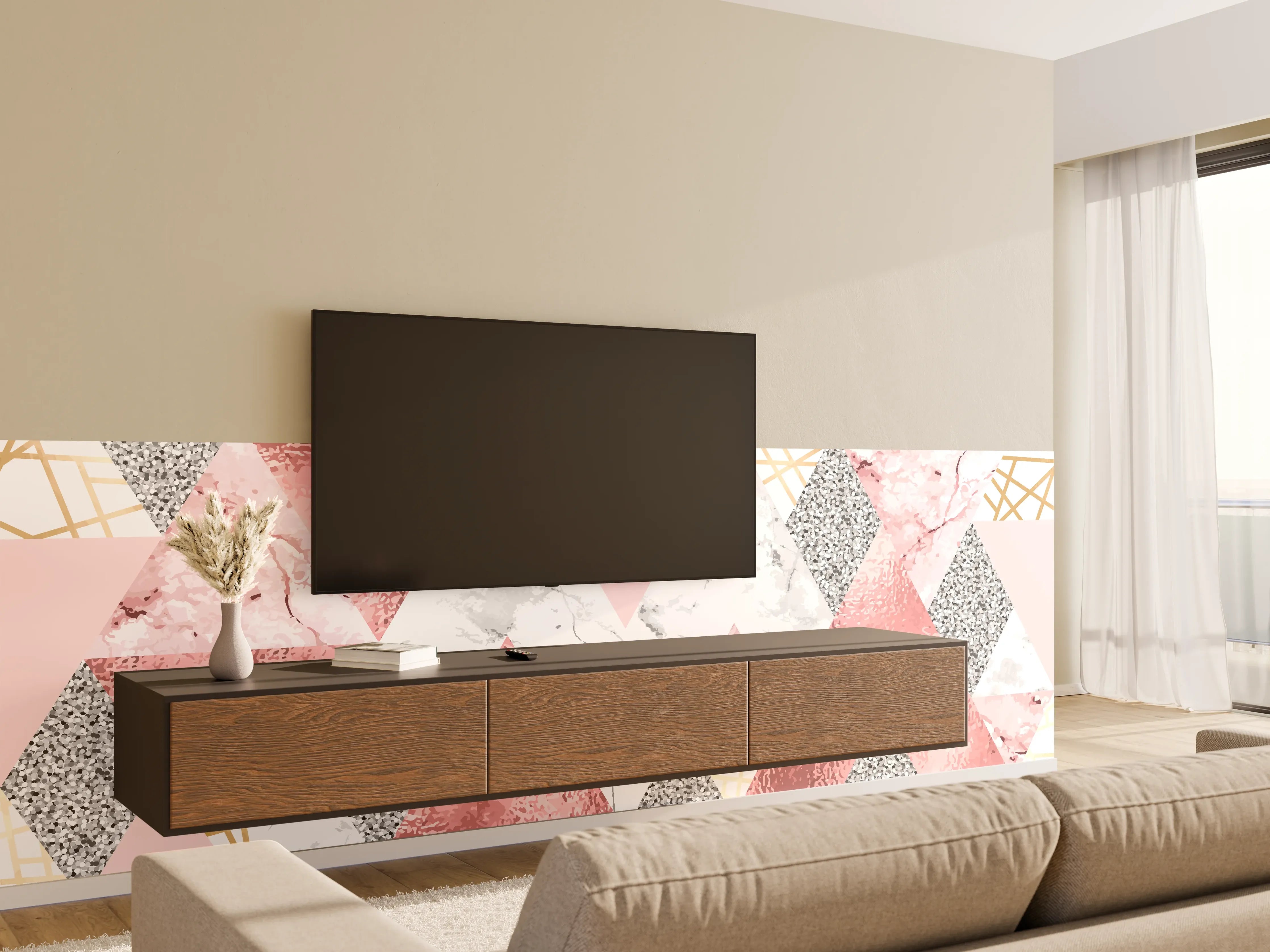 Wandverkleidung Wohnzimmer - Elegantes geometrisches Muster in Pastellfarben