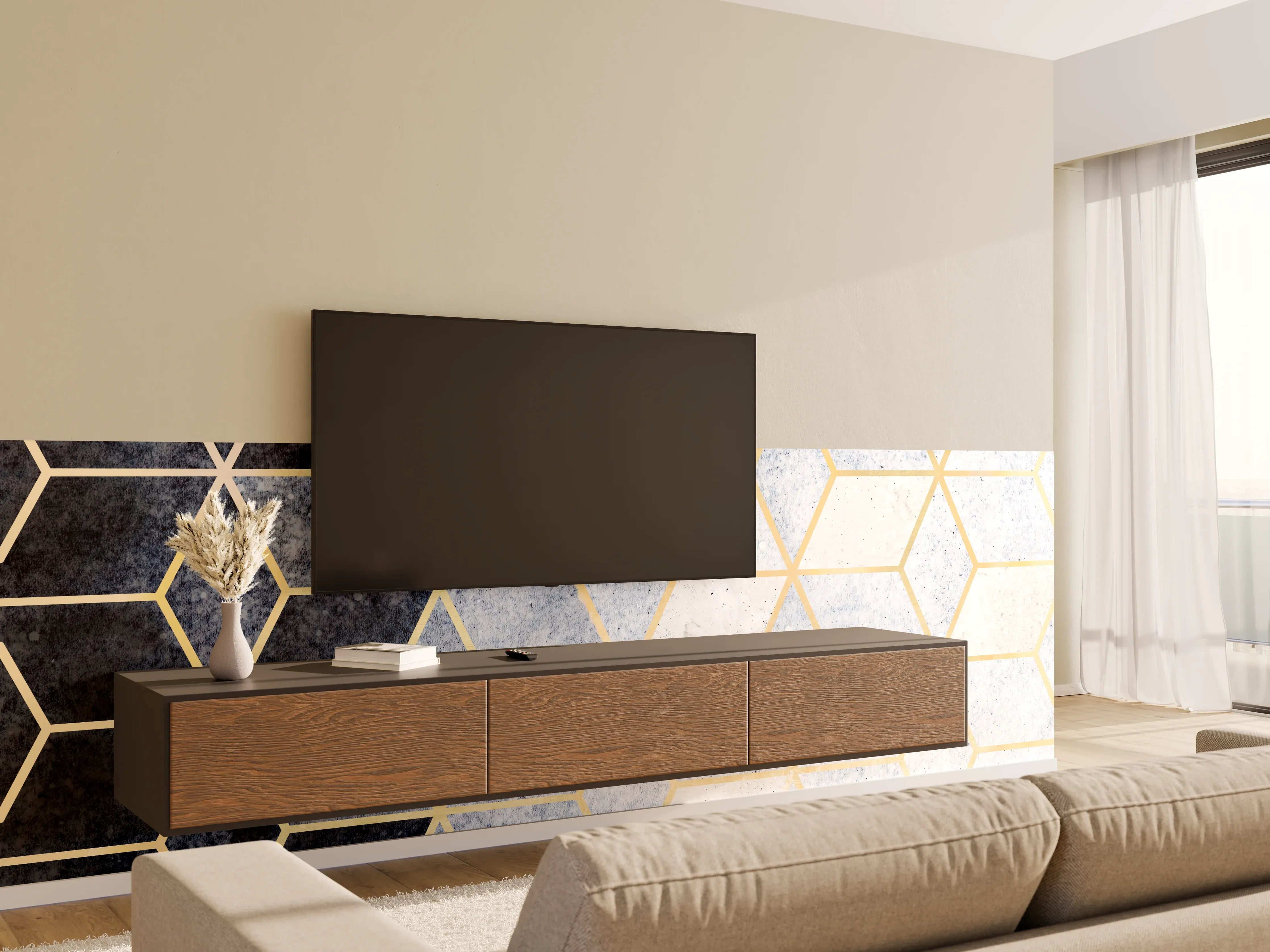 Wandverkleidung Wohnzimmer - Elegantes geometrisches Muster mit Goldakzenten