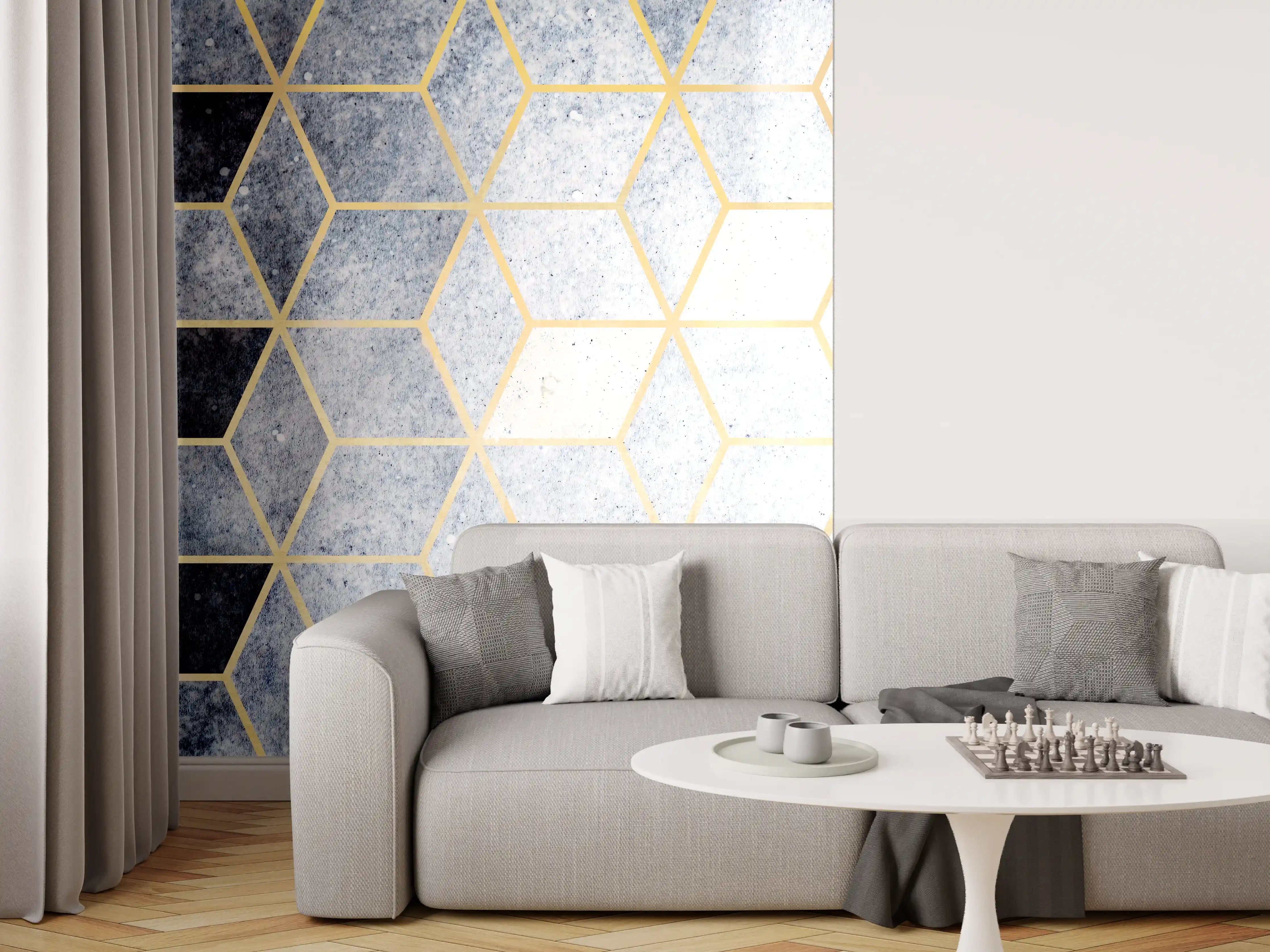 Wandverkleidung Wohnzimmer - Elegantes geometrisches Muster mit Goldakzenten