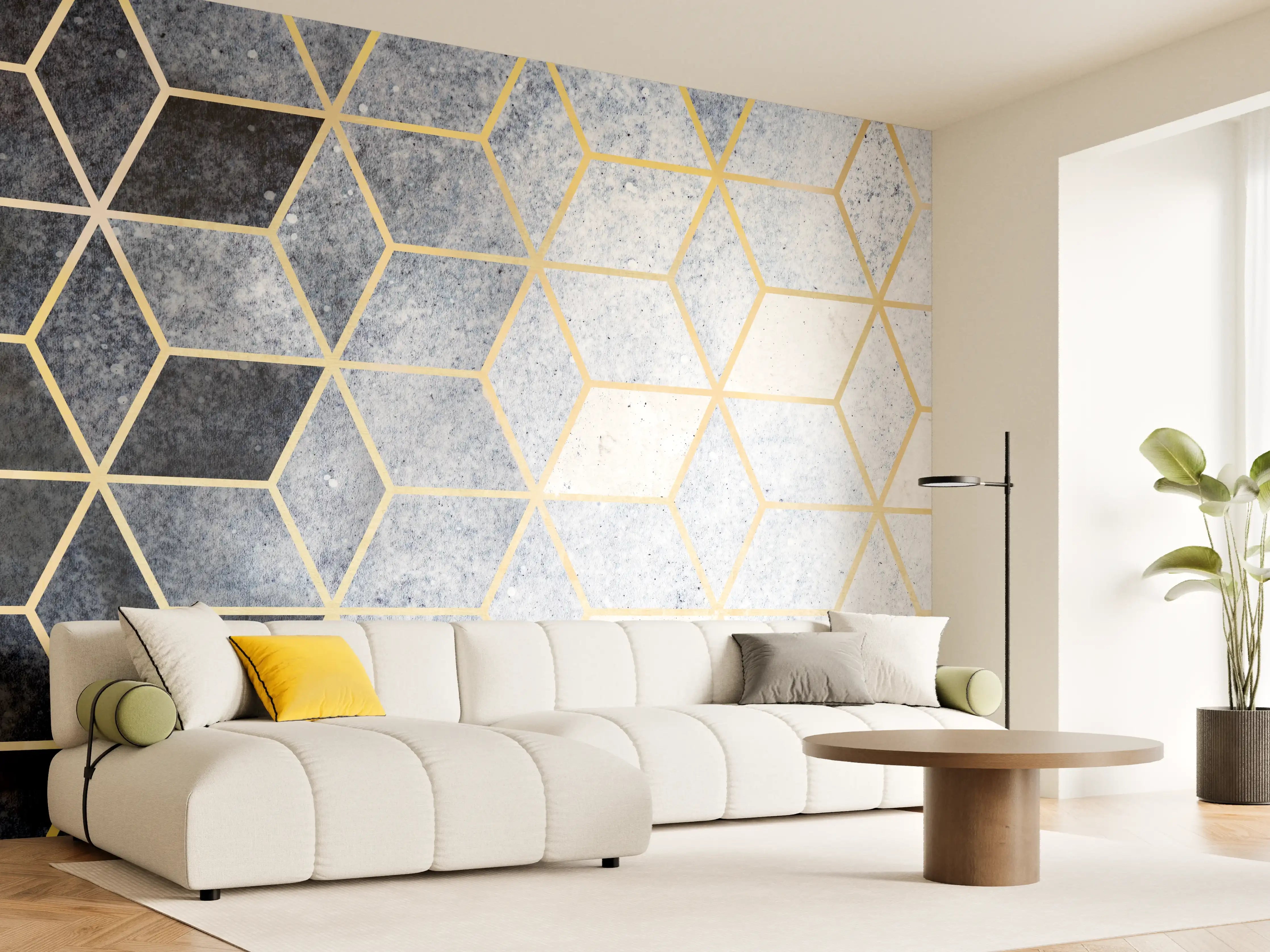 Wandverkleidung Wohnzimmer - Elegantes geometrisches Muster mit Goldakzenten
