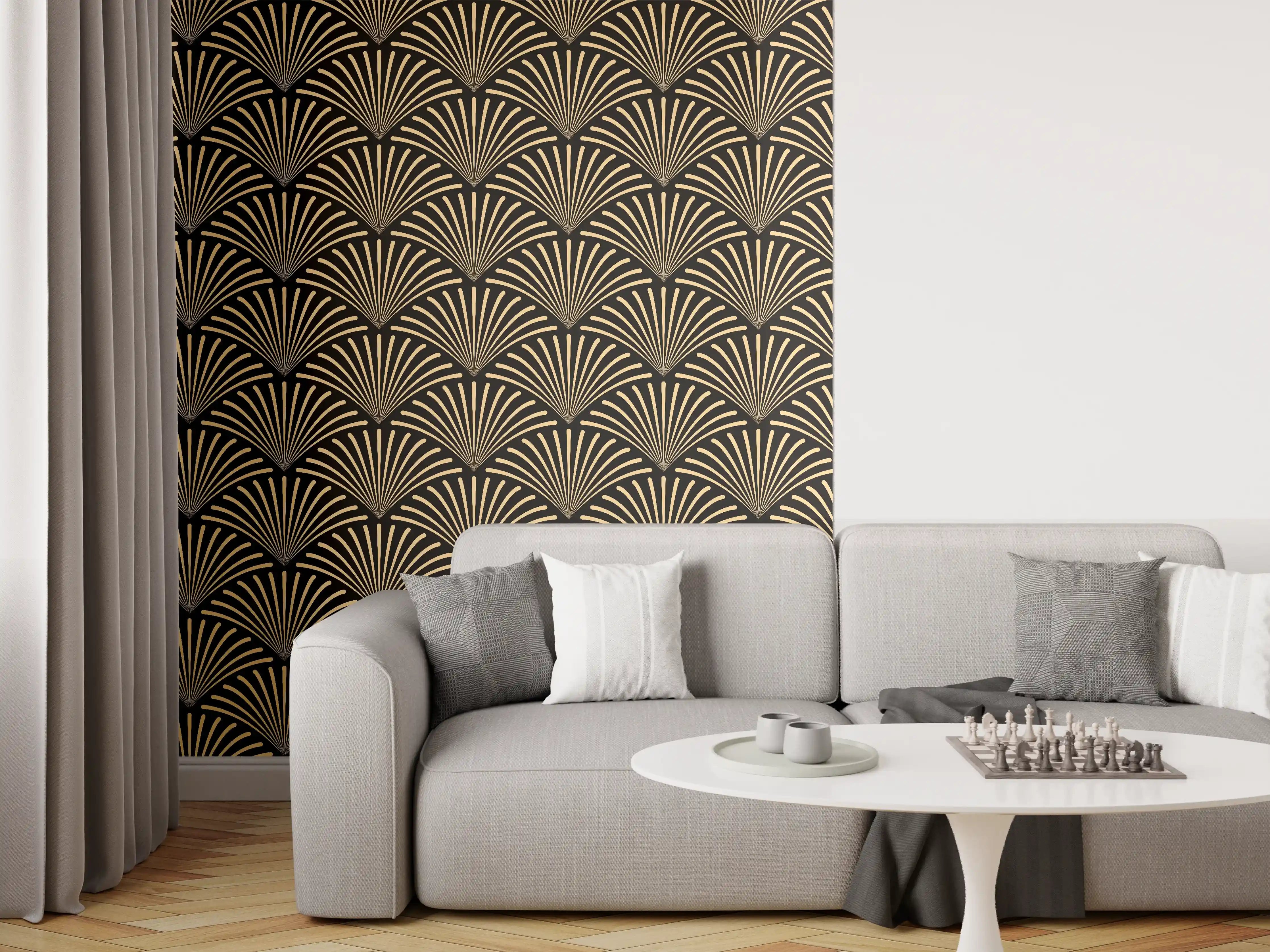 Wandverkleidung Wohnzimmer - Elegantes gold-schwarzes Muster mit geometrischem Design