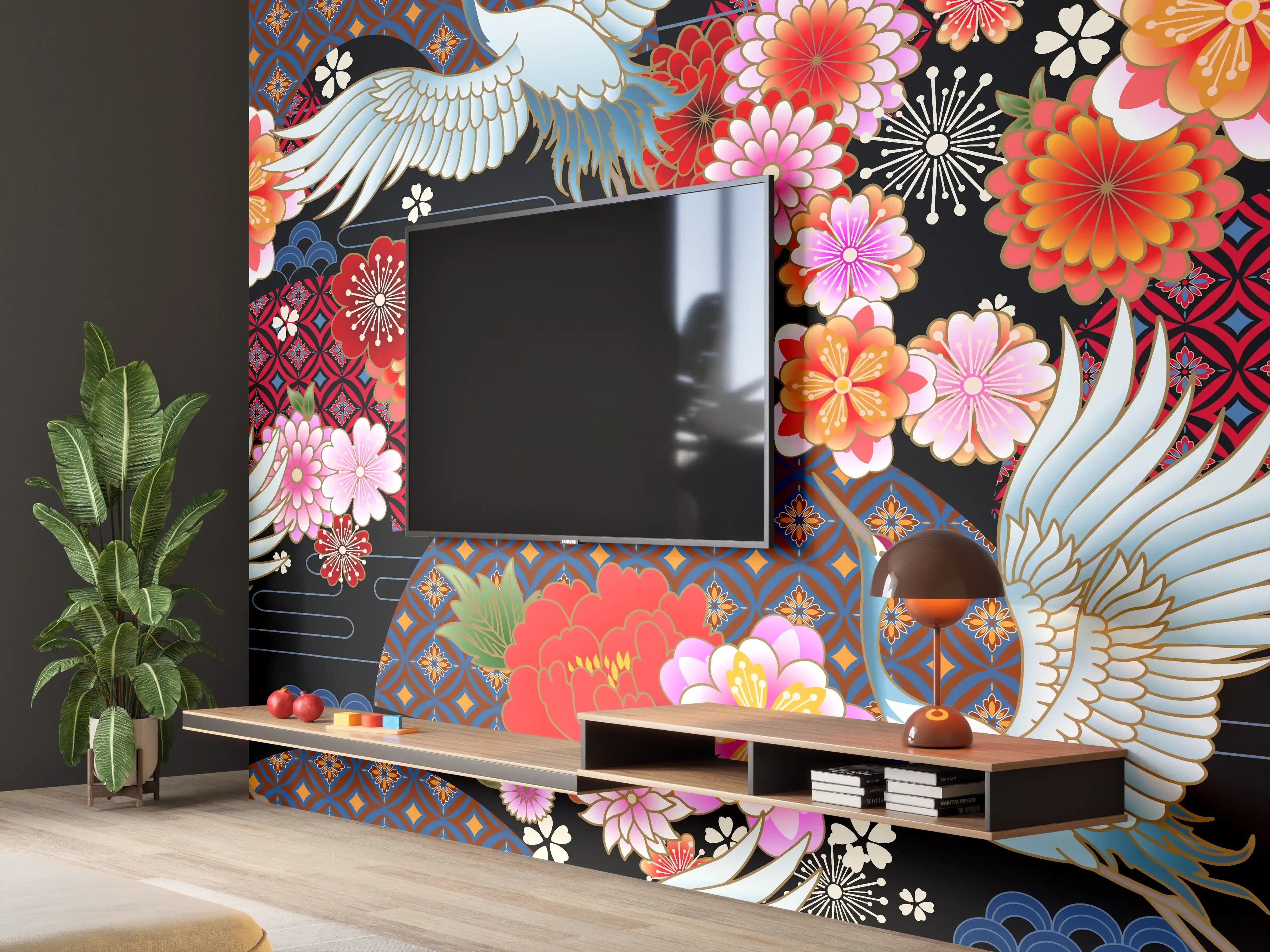 Wandverkleidung Wohnzimmer - Elegantes japanisches Motiv mit Kranichen und Blumen
