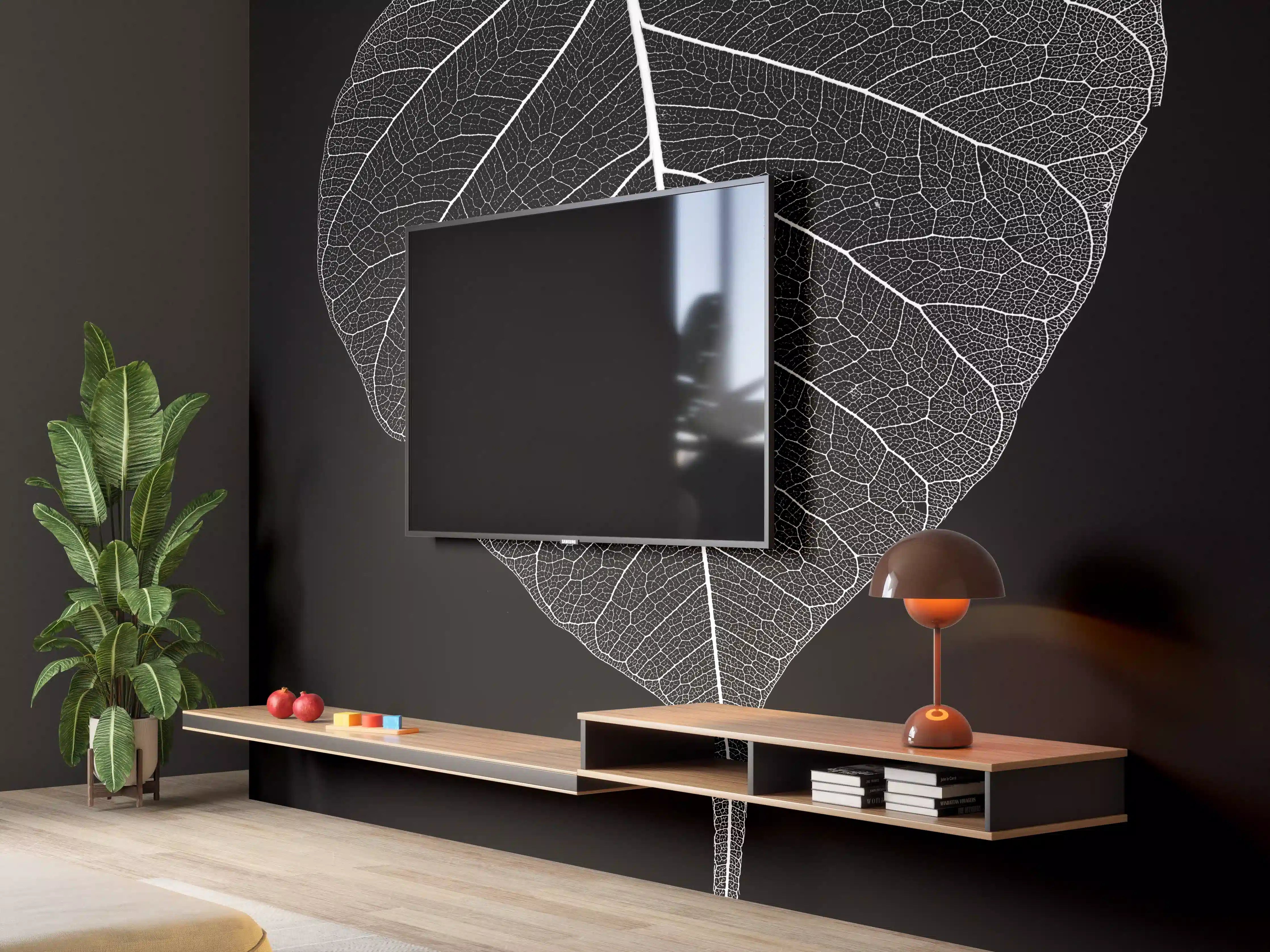 Wandverkleidung Wohnzimmer - Elegantes schwarzes Hintergrund-Design mit weißer Blattform