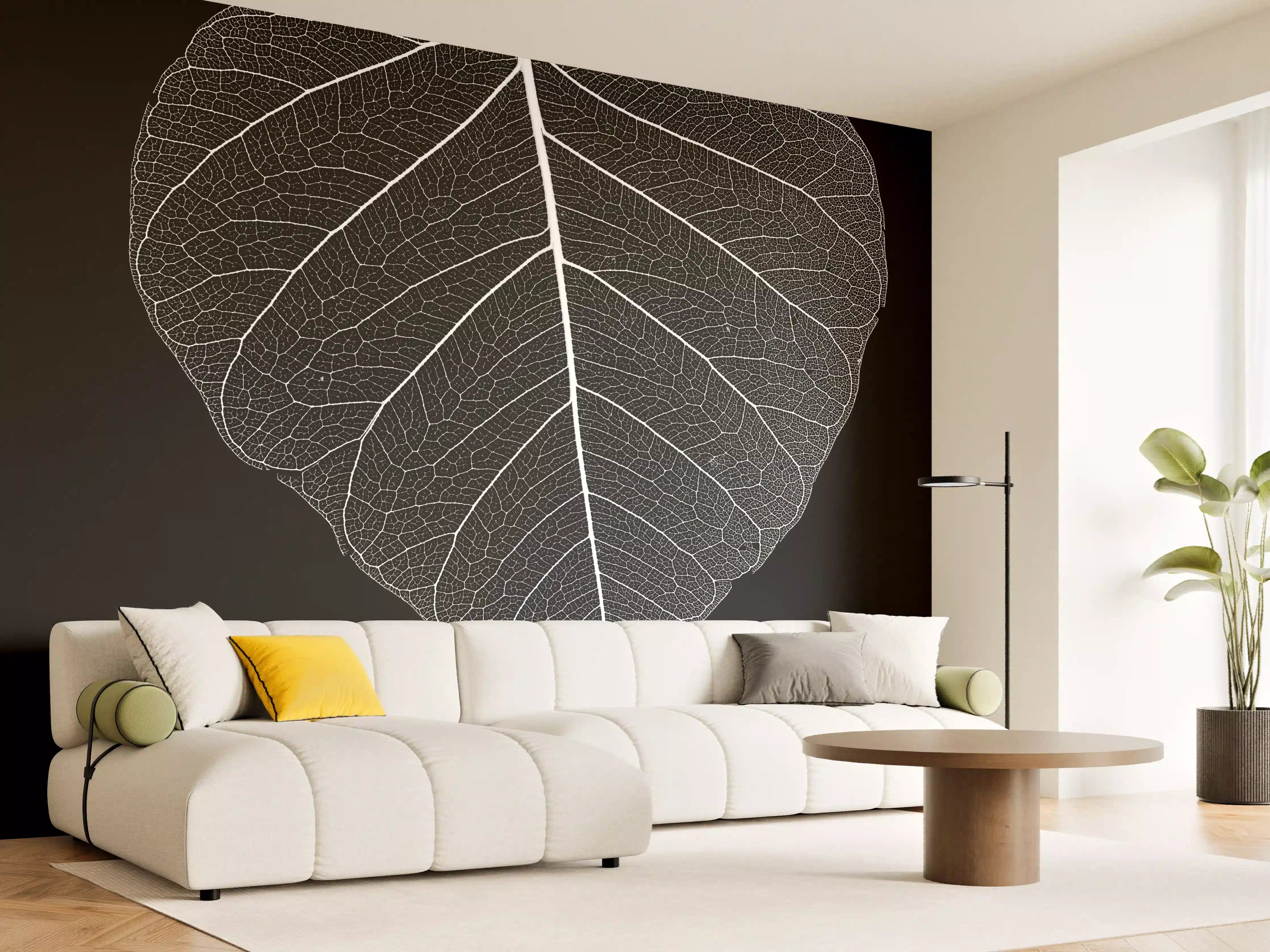 Wandverkleidung Wohnzimmer - Elegantes schwarzes Hintergrund-Design mit weißer Blattform
