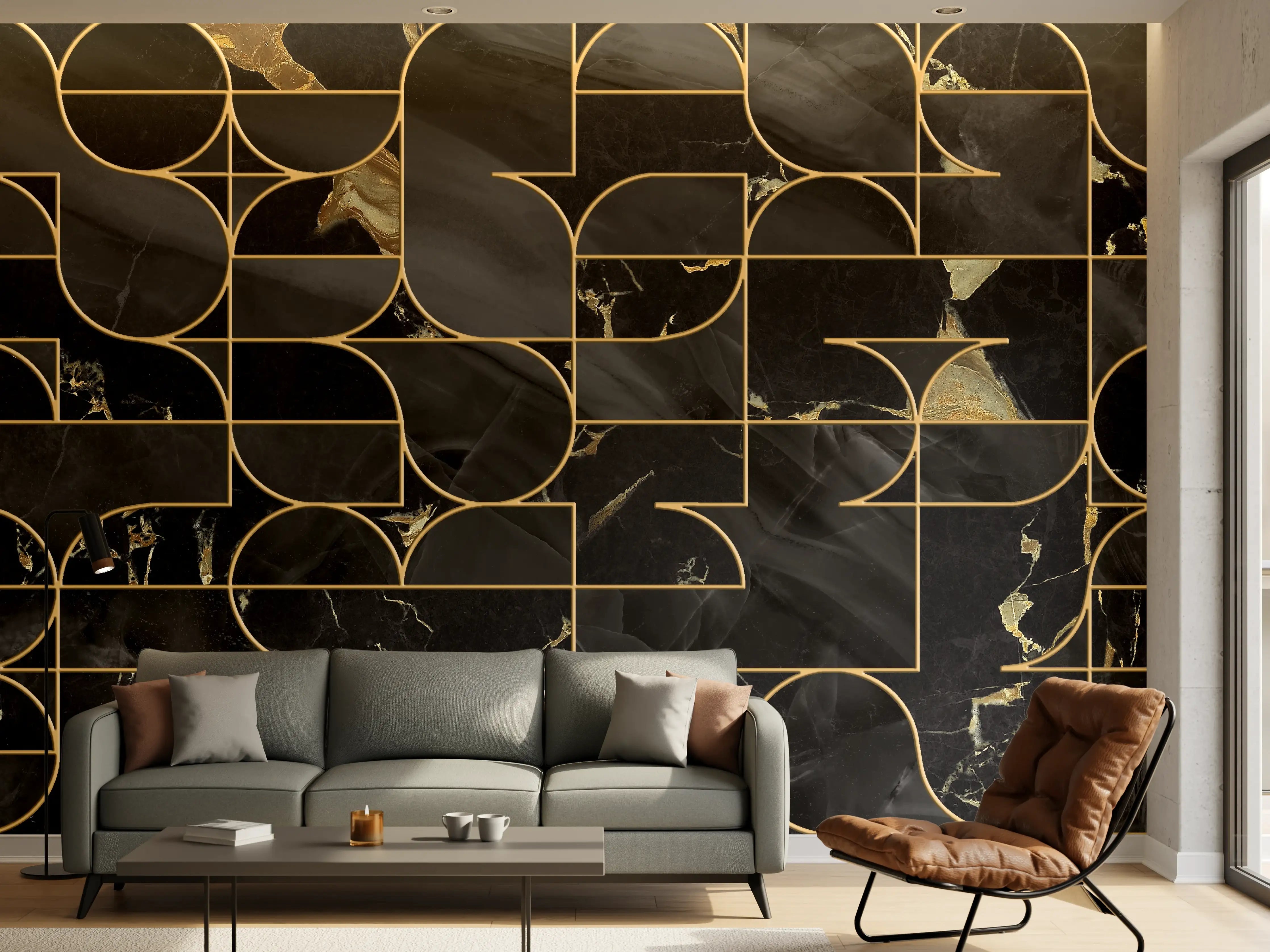 Wandverkleidung Wohnzimmer - Elegantes schwarzes Marmor-Design mit Goldakzenten