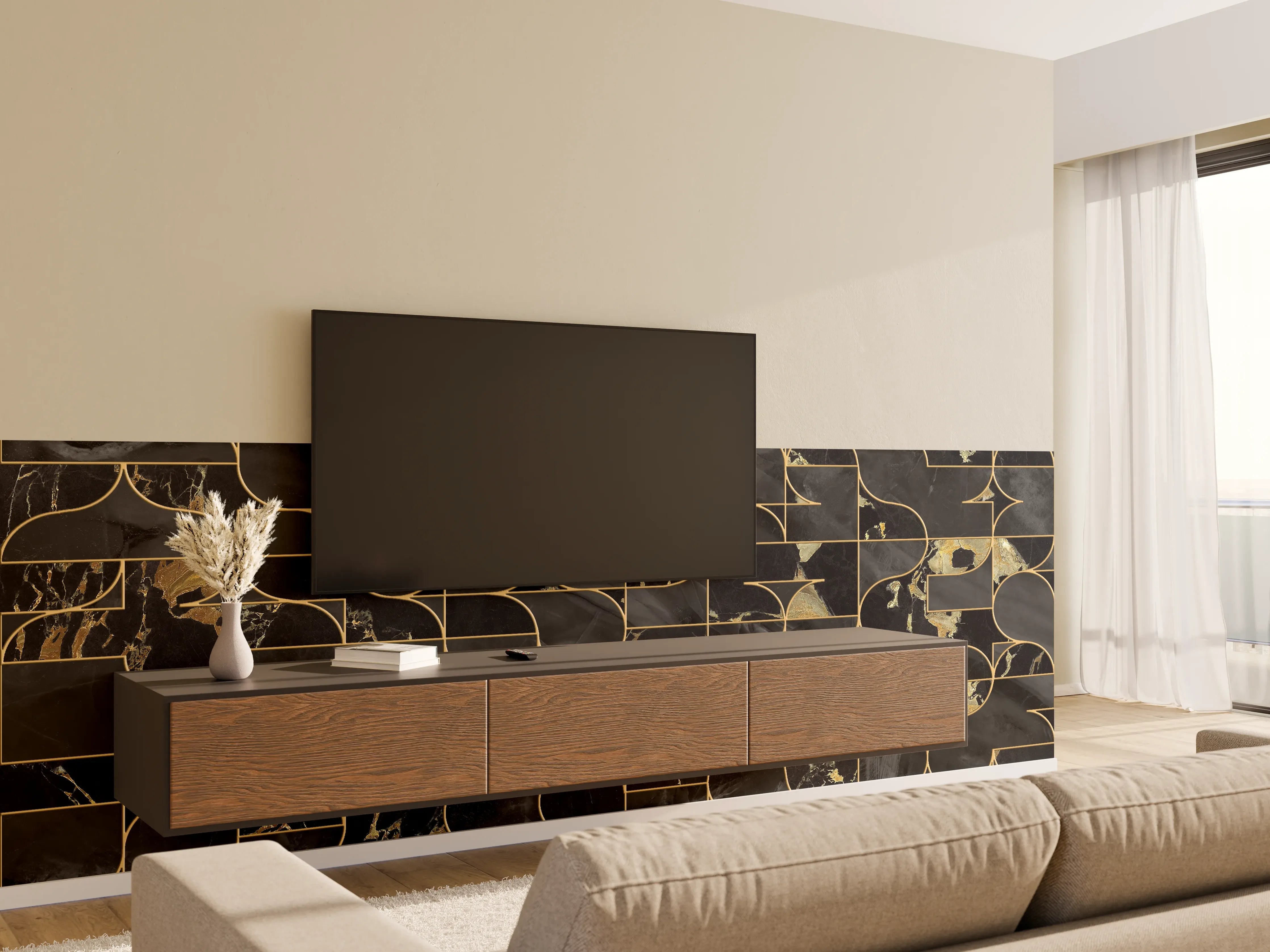 Wandverkleidung Wohnzimmer - Elegantes schwarzes Marmor-Design mit Goldakzenten